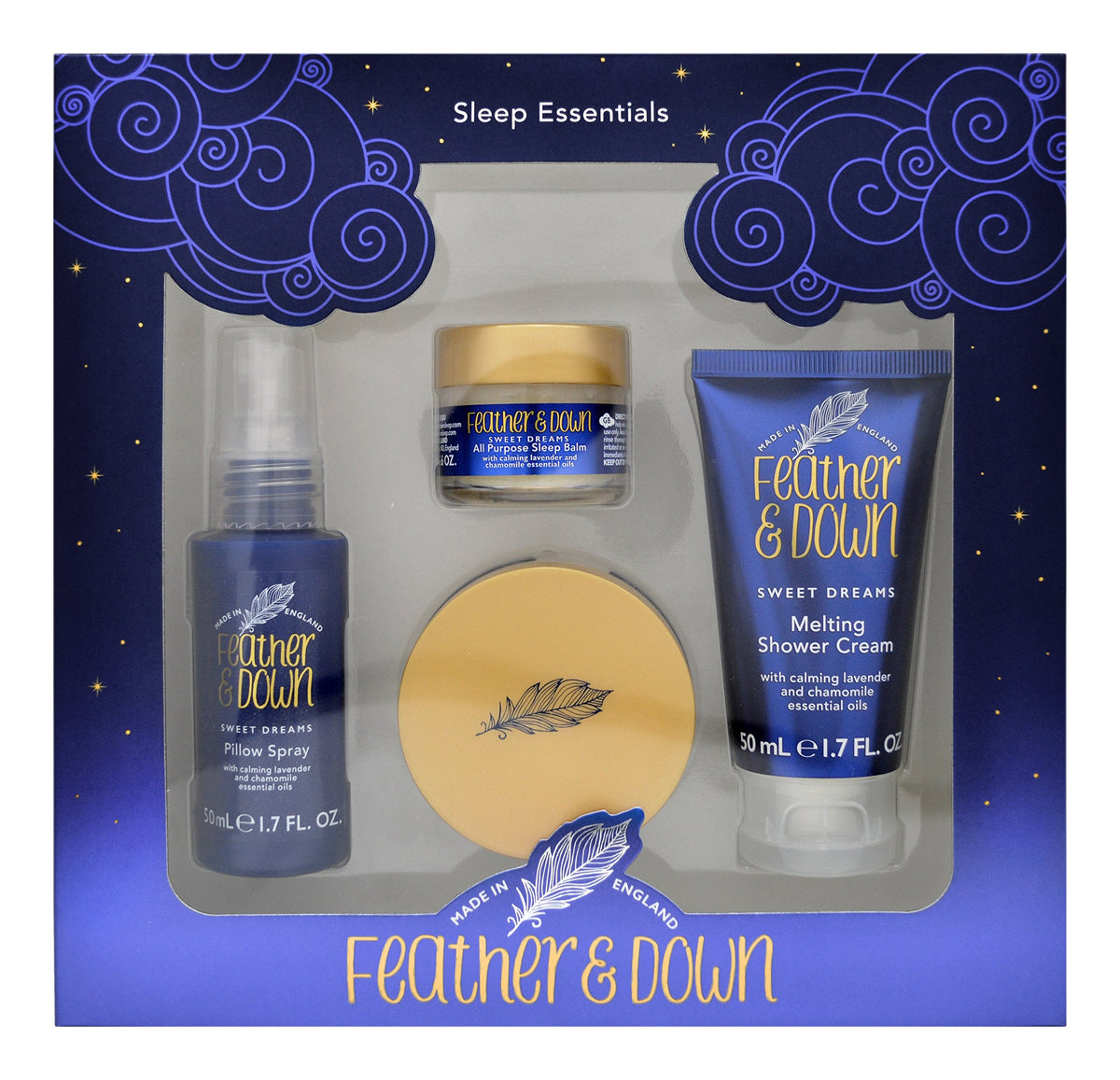 Feather & Down Sweet Dream Sleep Essentials Gift Set (50ml Pillow Spray, 50ml Melting Shower Cream, 16g All-Purpose Sleep Balm & 50ml Sleep Butter) -