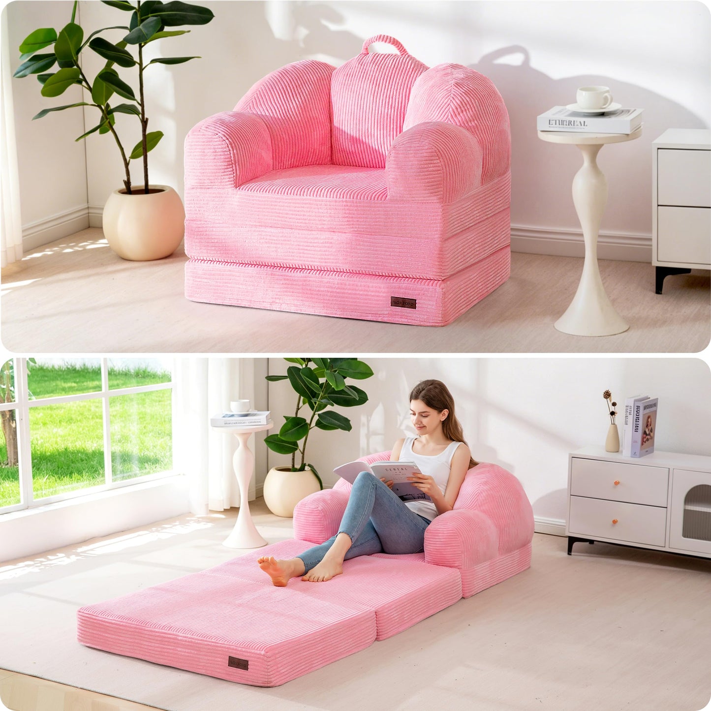 MAXYOYO Folding Sofa Bed with Backrest, Floral Shaped 2 in 1 Convertible Sofa to Comfy Faux Fur Bean Bag Chair for Adults