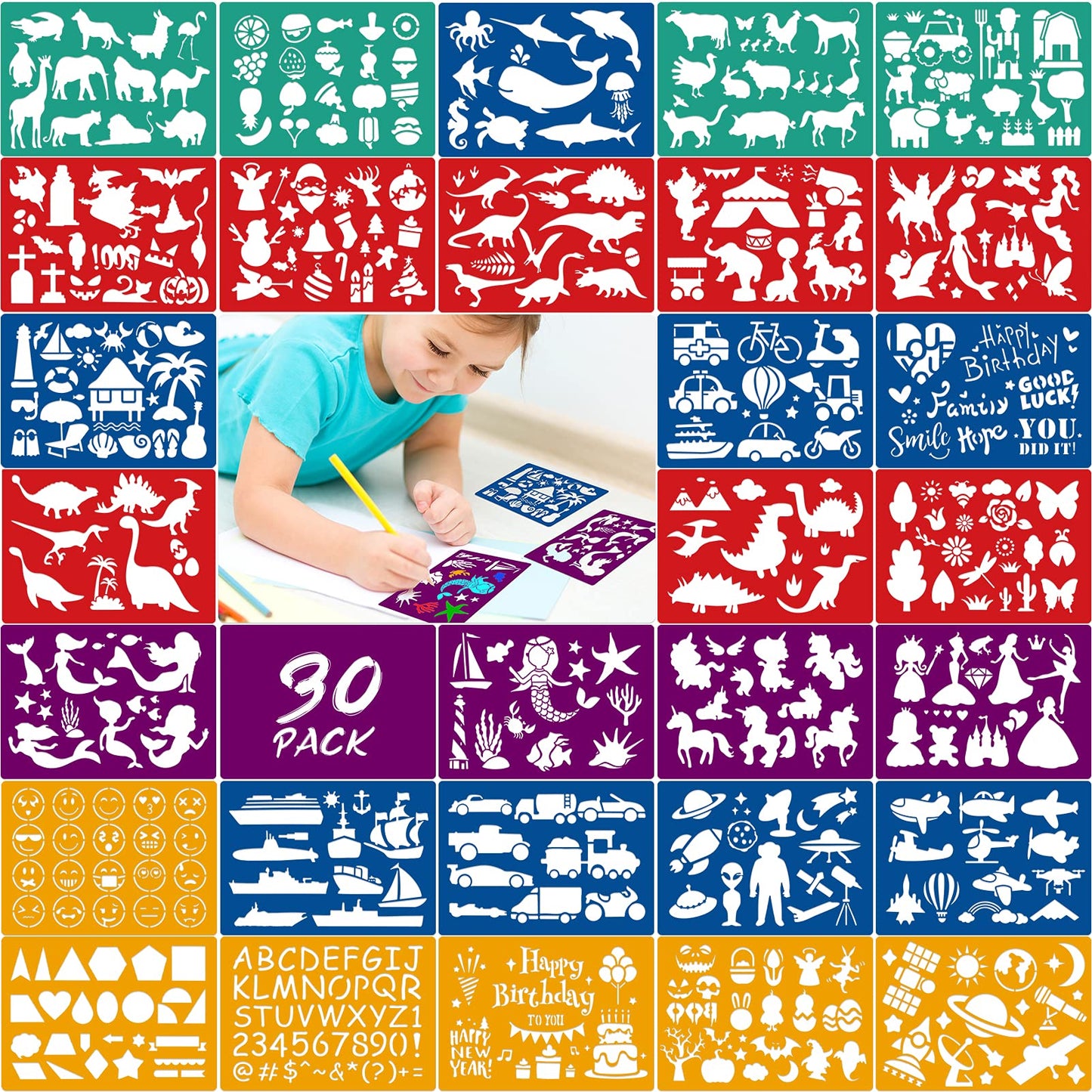 Qpout 30pcs Color Drawing Stencil for Kids, Animal Mermaid Dinosaur Shark Car Letter Painting Templates for Baby Shower Birthday Halloween Party
