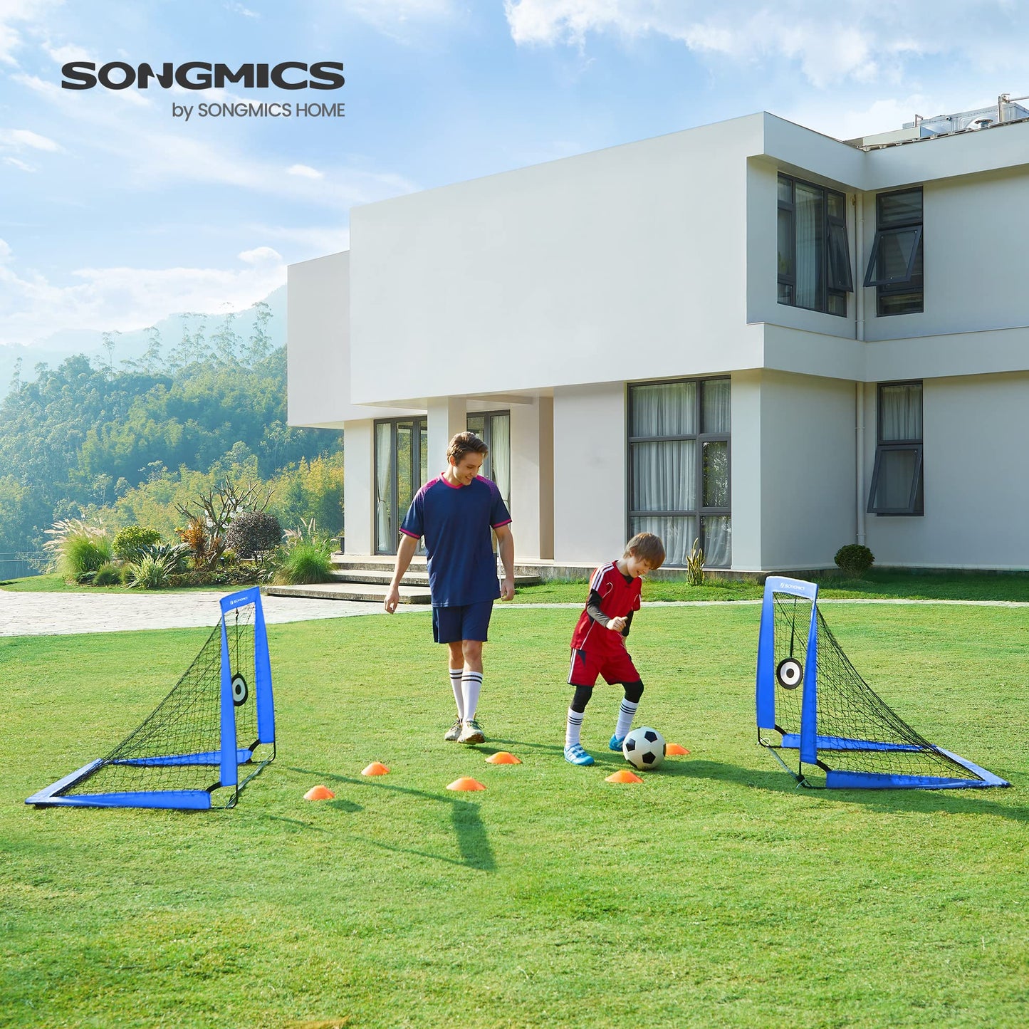 SONGMICS Football Goal Set of 2, Portable Football Nets with Targets and Training Cones, Blue SZQ422Q01