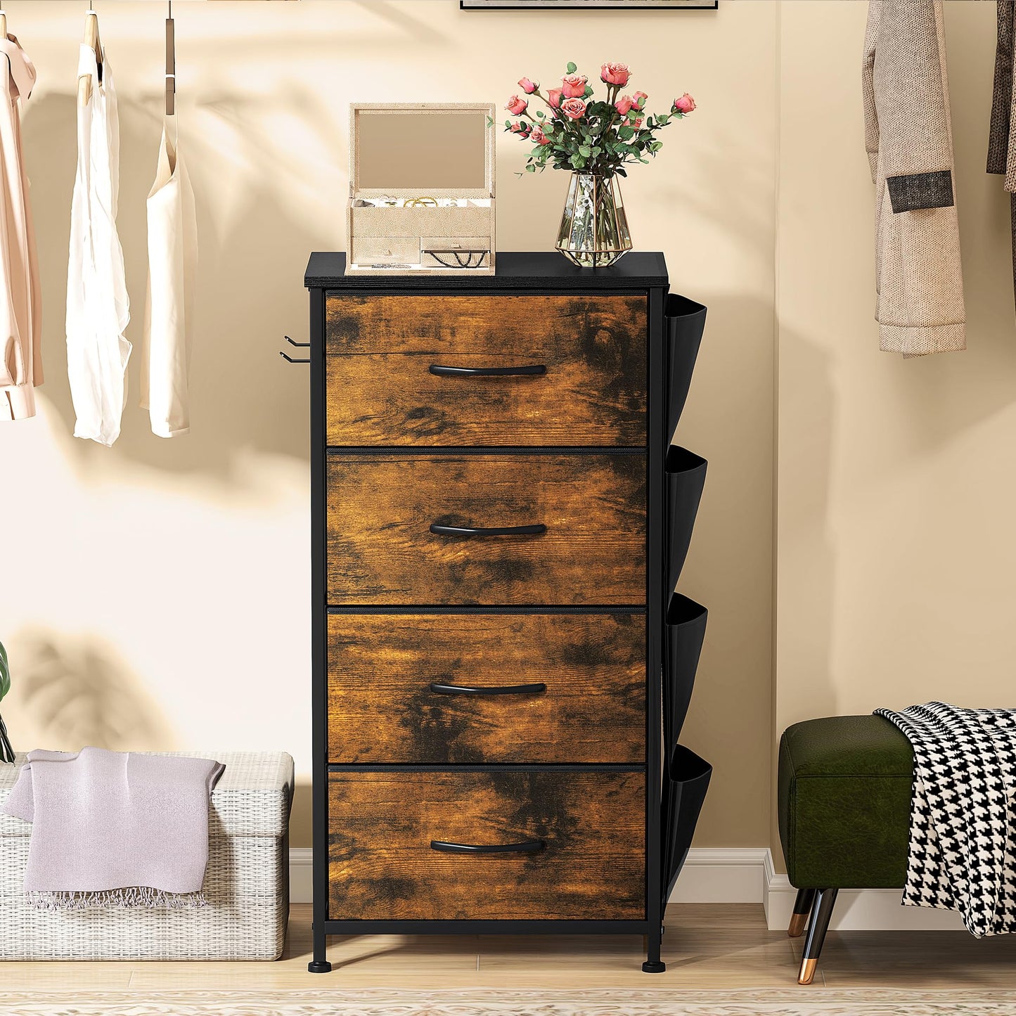 DWVO Narrow Chest of Drawers with 4 Drawers, Fabric Chest Drawers with Side Pocket&Hooks,Easy Pull Handle,Sturdy Steel Frame for Bedroom,Living