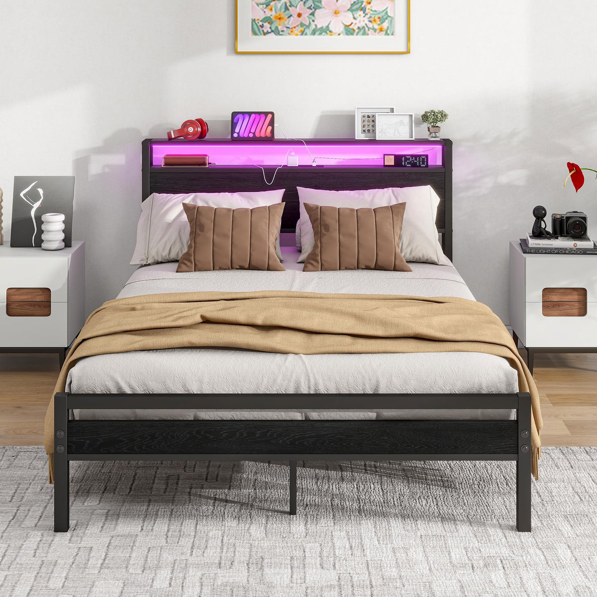 BORPHOM Double Bed Frame with Storage Wood Headboard Shelf,LED Lights,4ft6 Metal Platform Bed Frame Double Bed with Charging Station,Mattress