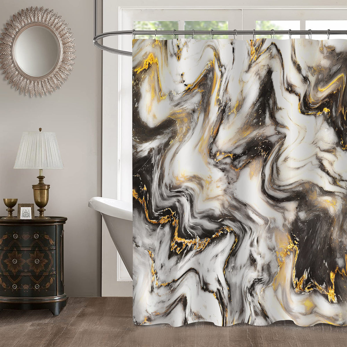 MitoVilla Black Gold Marble Shower Curtain Set with Hooks, Abstract Black Gold White Striped Marble Bathroom Decor for Men and Women, Modern
