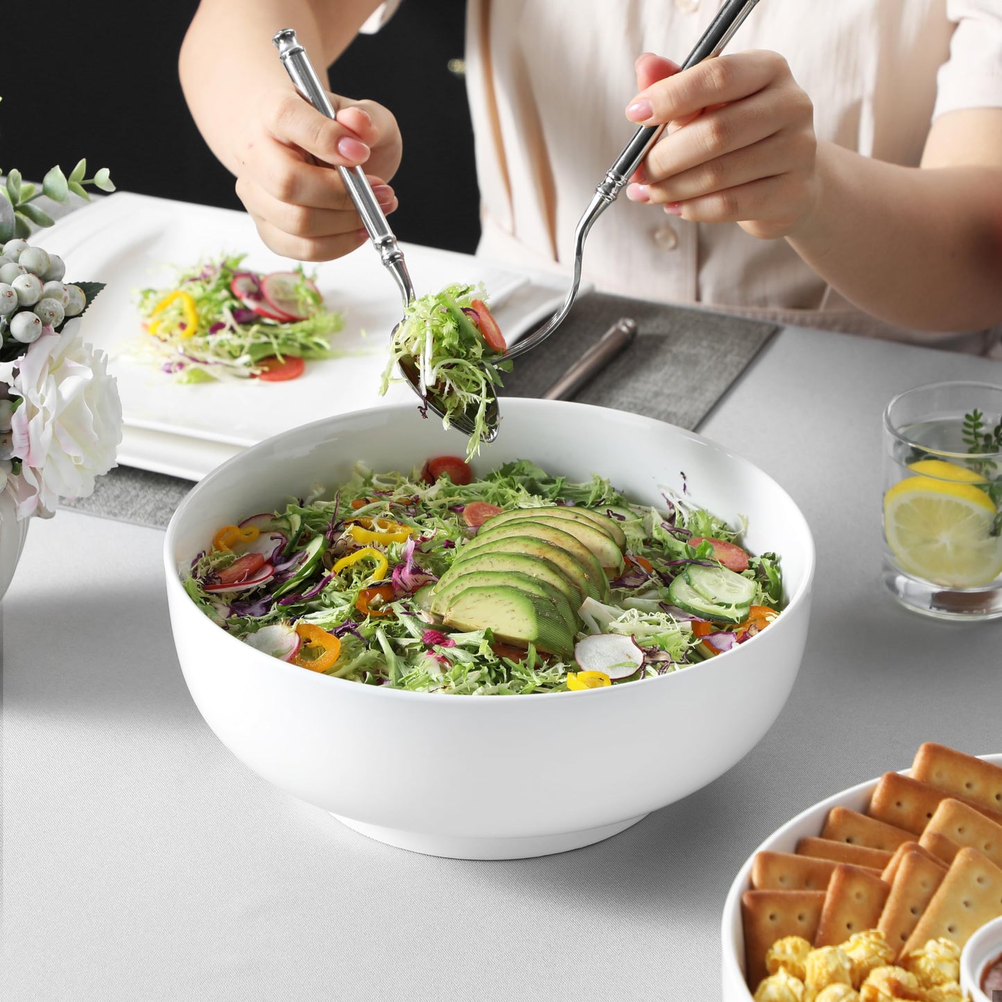 MALACASA Large Salad Bowls, Soup Bowl Set of 2, Porcelain Cereal Bowl, White Serving Bowls, Perfect for Noodles, Desserts and Breakfast, 3400ML,