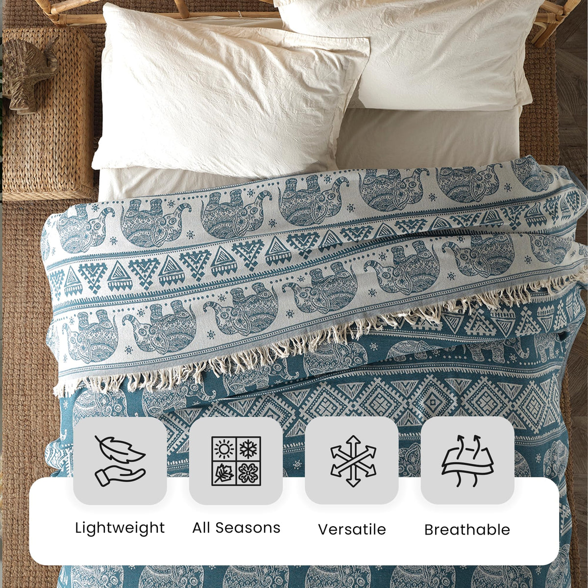 Milam London Boho Throw Blanket | Bohemian Throws For King Size Beds | Reversible Bohemian Bedding | Sofa Throw Large 3 Seater | King Size Bedspread