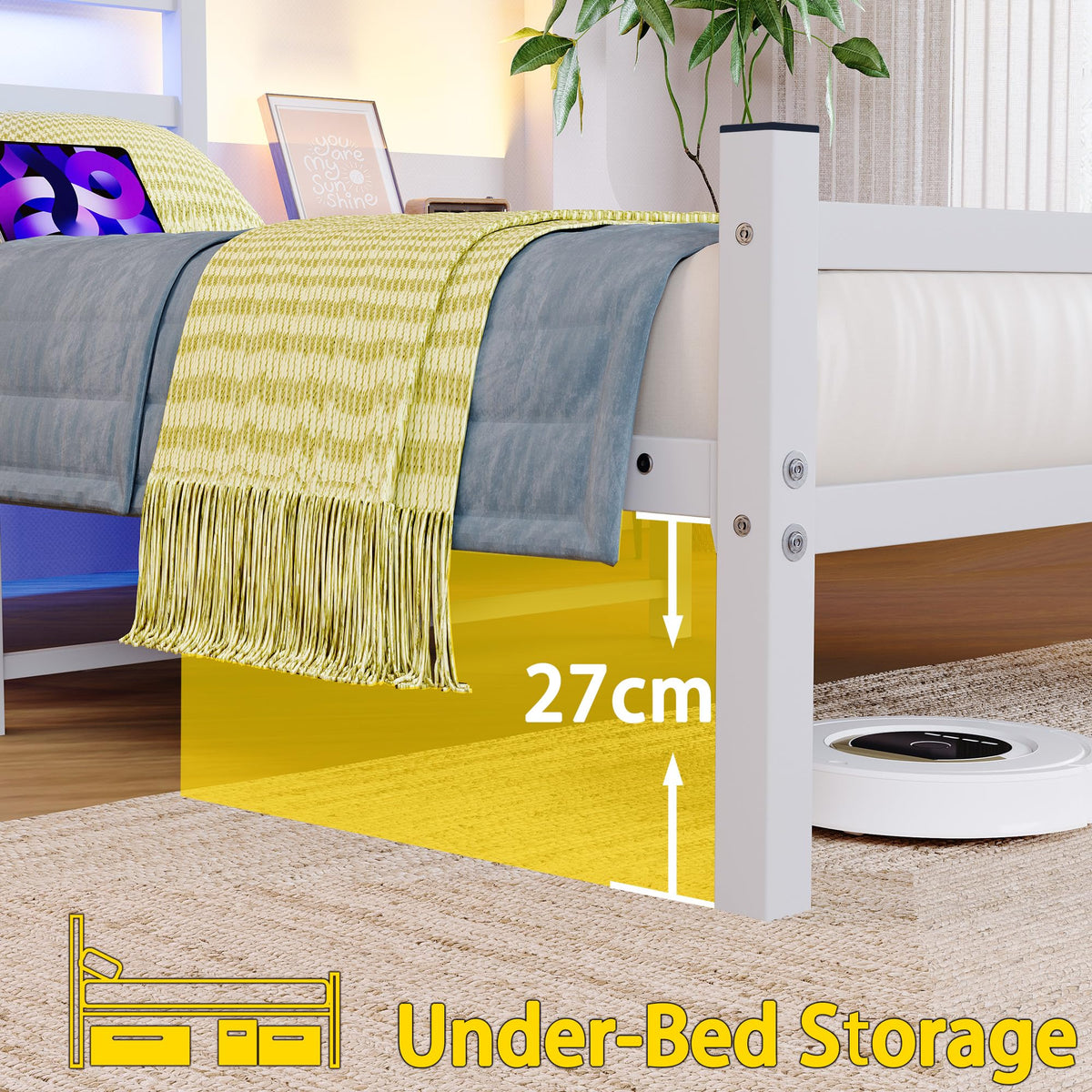 BORPHOM 3ft Single Bed Frame with Headboard & LED Lights,Heavy Duty Metal Platform Bed Frame with Charging Station,Mattress Base/Strong Steel Slats