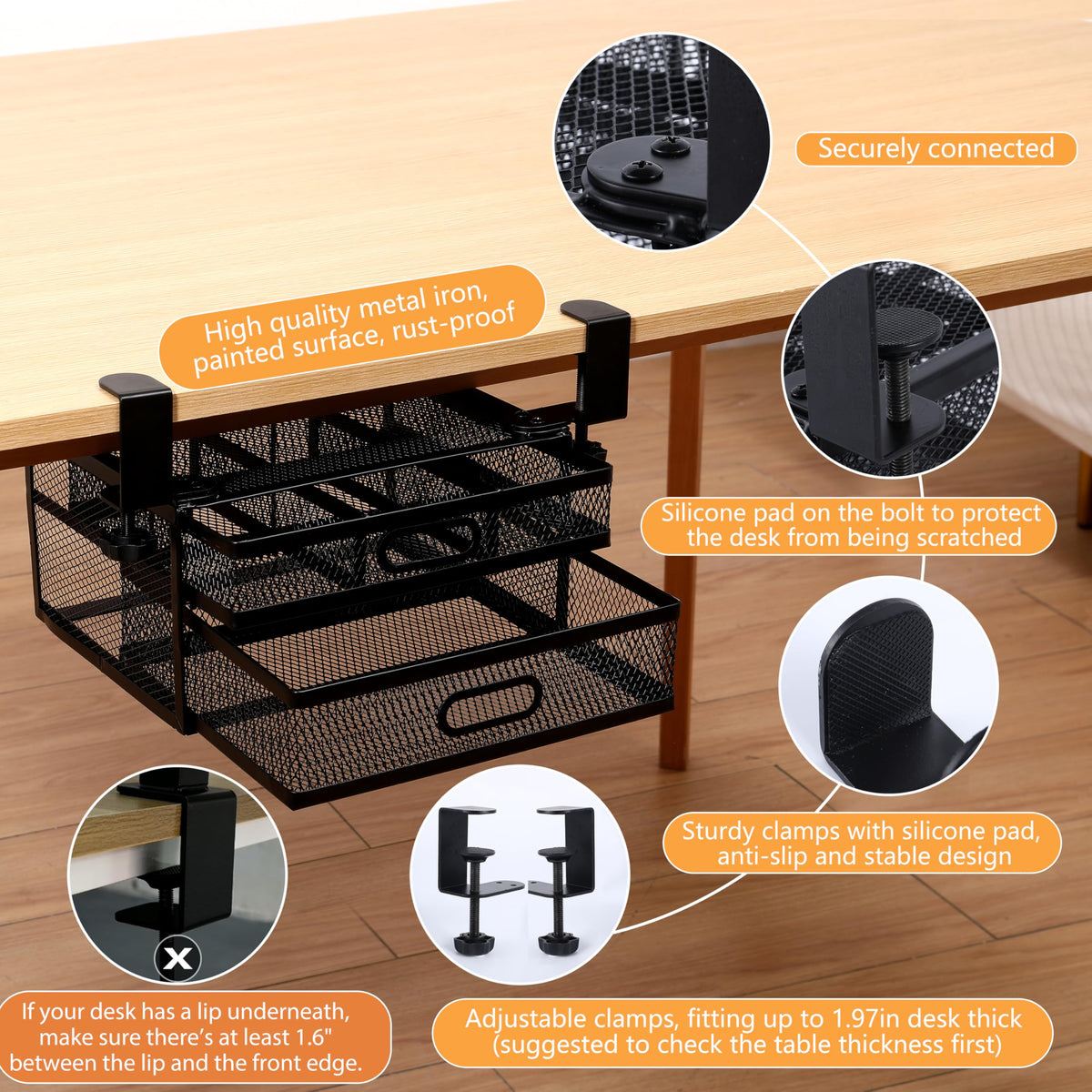 ROLIZOE Clamp On Under Desk Drawers 2 Large Capacity Mesh Metal Drawers Slide Out Under Desk Storage No Drill Under Desk Drawer Organiser Anti-Slip