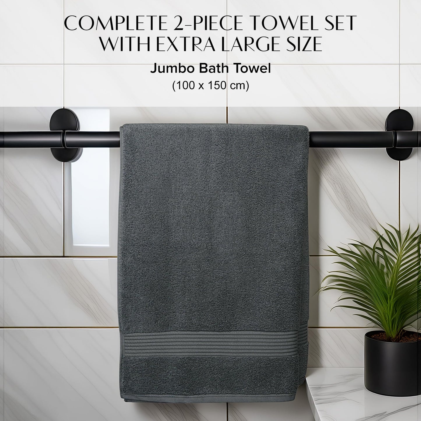 Luxury Set of 2 Jumbo Bath Sheets 100x150cm - Zero Twist 580 GSM (Charcoal)