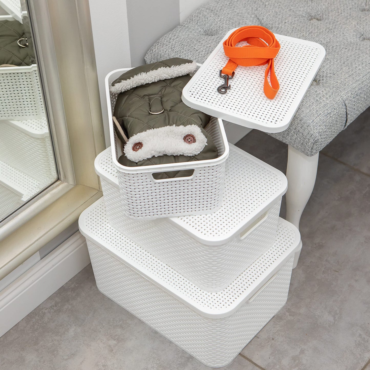 BranQ Home essential Basket with Lid in Rattan Design, Set of 2, Size M, 19 L, BPA-Free Plastic PP, White, 28.8 x 19.7 x 16.2 cm, Pack of 2