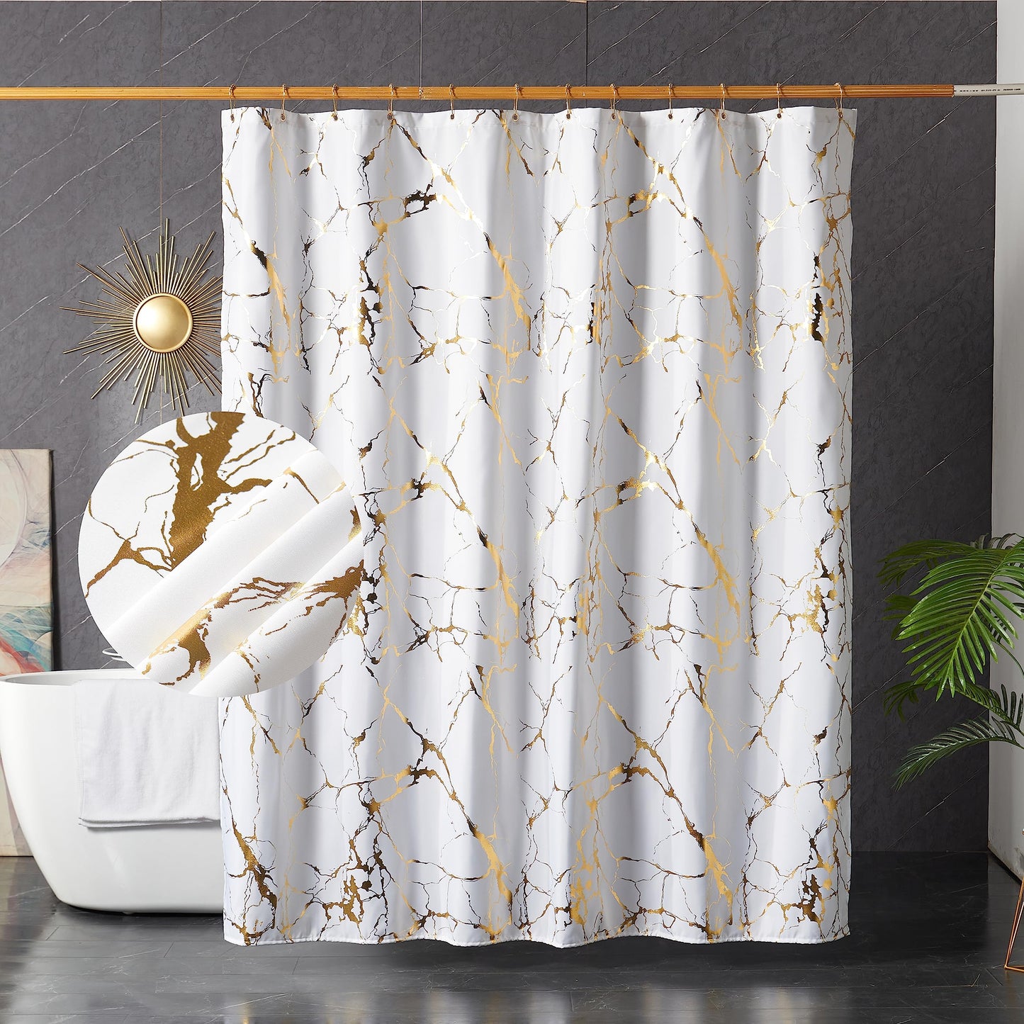 HYAWGE White and Gold Marble Shower Curtains for Bathroom,Glitter Shower Curtain with Hooks,Unique Foil Gold Printed,Water Proof,Washable,Fabric