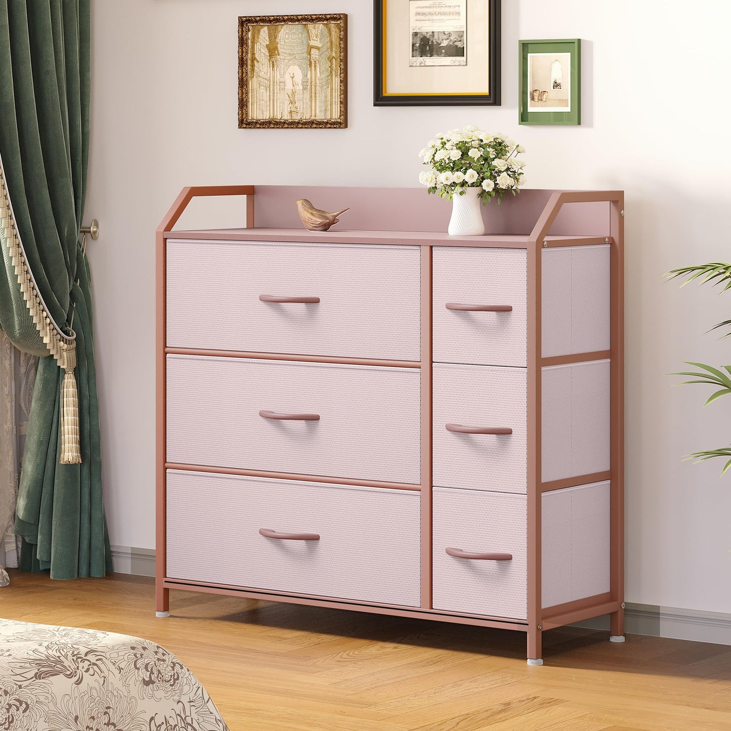 YITAHOME Chest of Drawer with 6 Drawers for Bedroom Fabric Dresser Storage Drawers With Handles Metal Frame for Living Room, Hallway,Pink