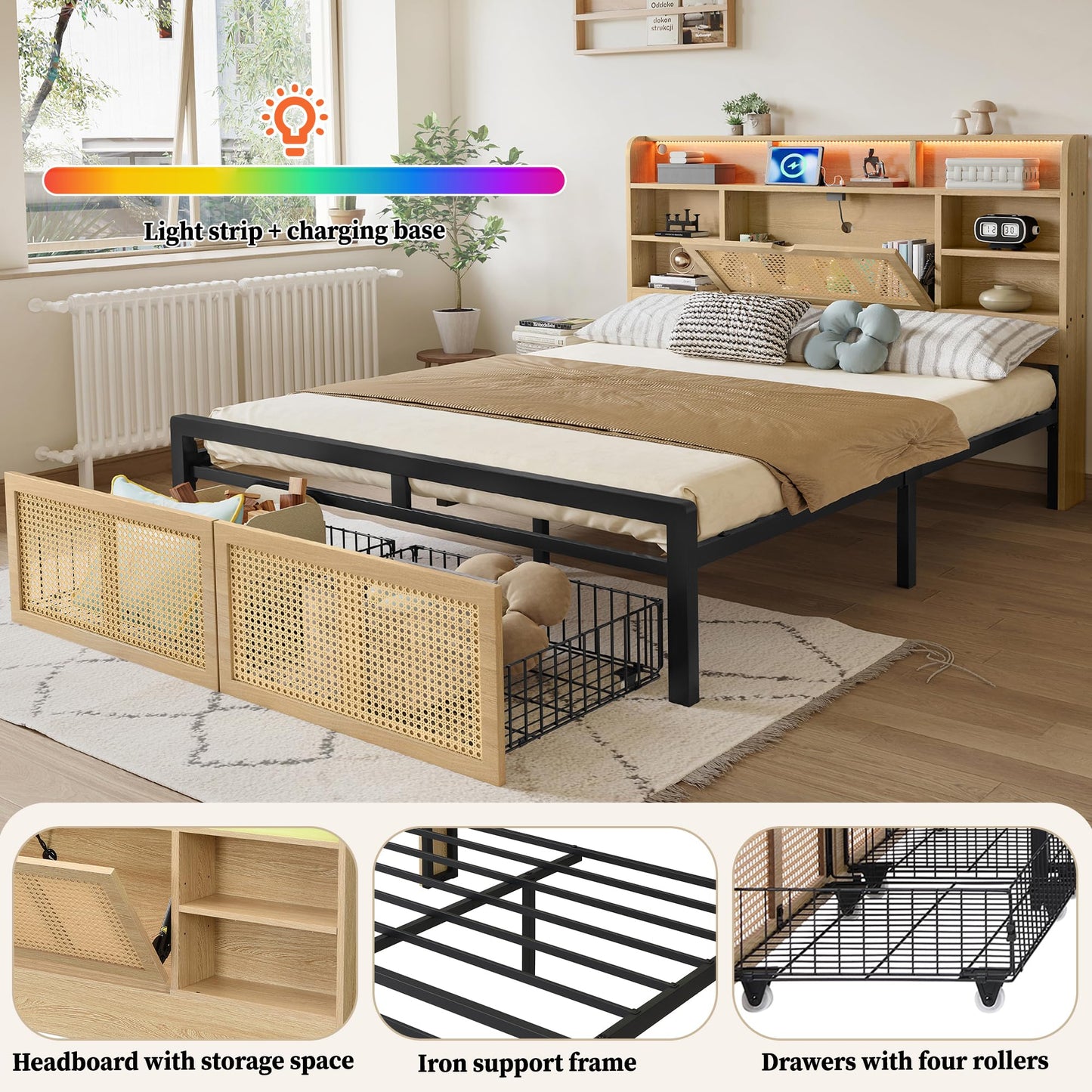 Merax 4ft6 Wooden Bed Frame LED Double Bed Platform Bed 135x190cm,Charging Port, PE Rattan Drawer with Wheels,MDF + Iron,Wood Colour (NO Mattress)