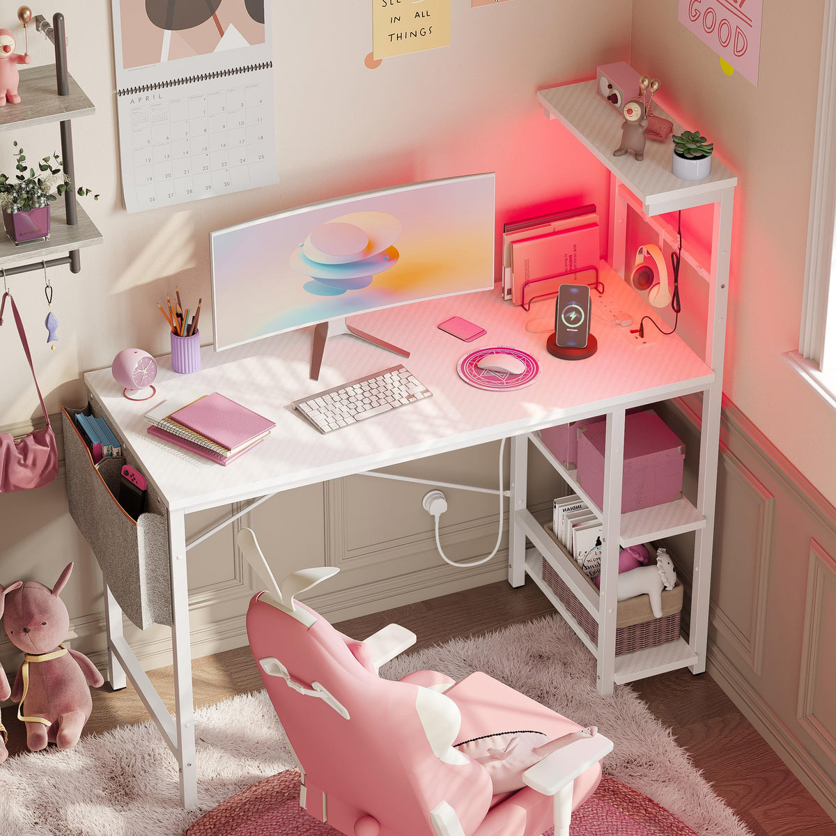 Bestier 113CM Corner Computer Desk with Power Outlets Computer Desk with LED Lights Reversible Writing Table with Side Pocket Storage Bag &
