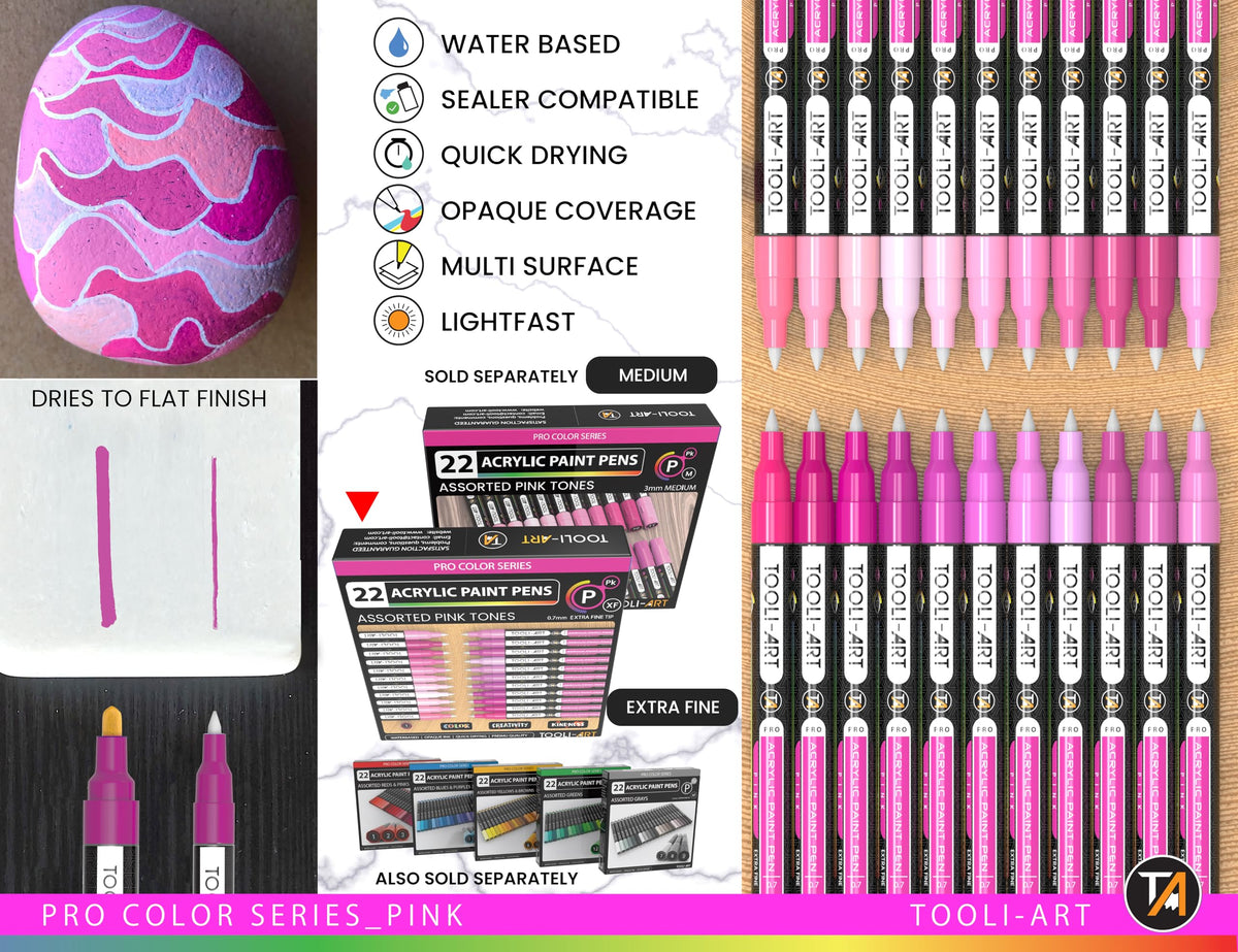 Acrylic Paint Pens 22 Pink Tones Assorted Pro Colour Series Markers Set 0.7mm Extra Fine Tip for Rock Painting, Glass, Mugs, Wood, Metal, Canvas,