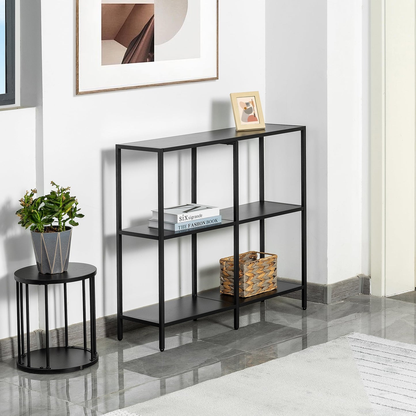 HDANI 80cm Metal Console Table with 3 Tier Strage Shelves,Narrow Entryway Table,Modern Sofa Tables for Entryway, Living Room,Bedroom,Black