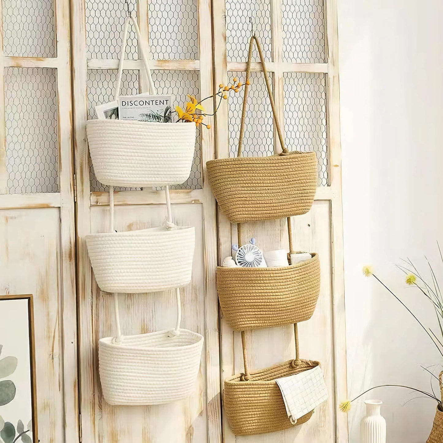 AARAINBOW Wall Hanging Cotton Baskets, Large 3 Tier Decorative Hanging Baskets for Wall Door, Boho Nursery Wall Basket for Organizing