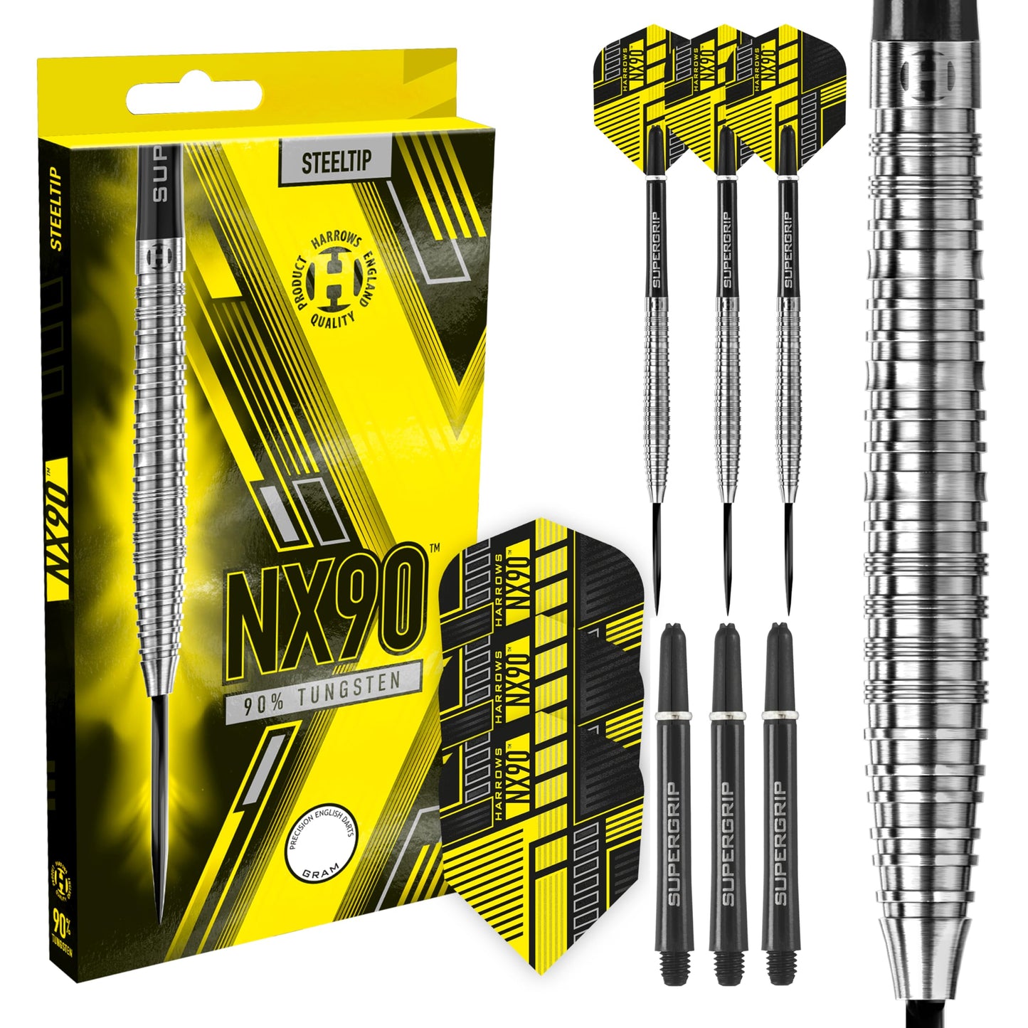Harrows NX90 90% Tungsten Steel Tip Darts Set 21g, 22g, 23g, 24g, 25g & 26g - Includes Black Supergrip Midi Shafts & Micron NX90 Flights (21g)