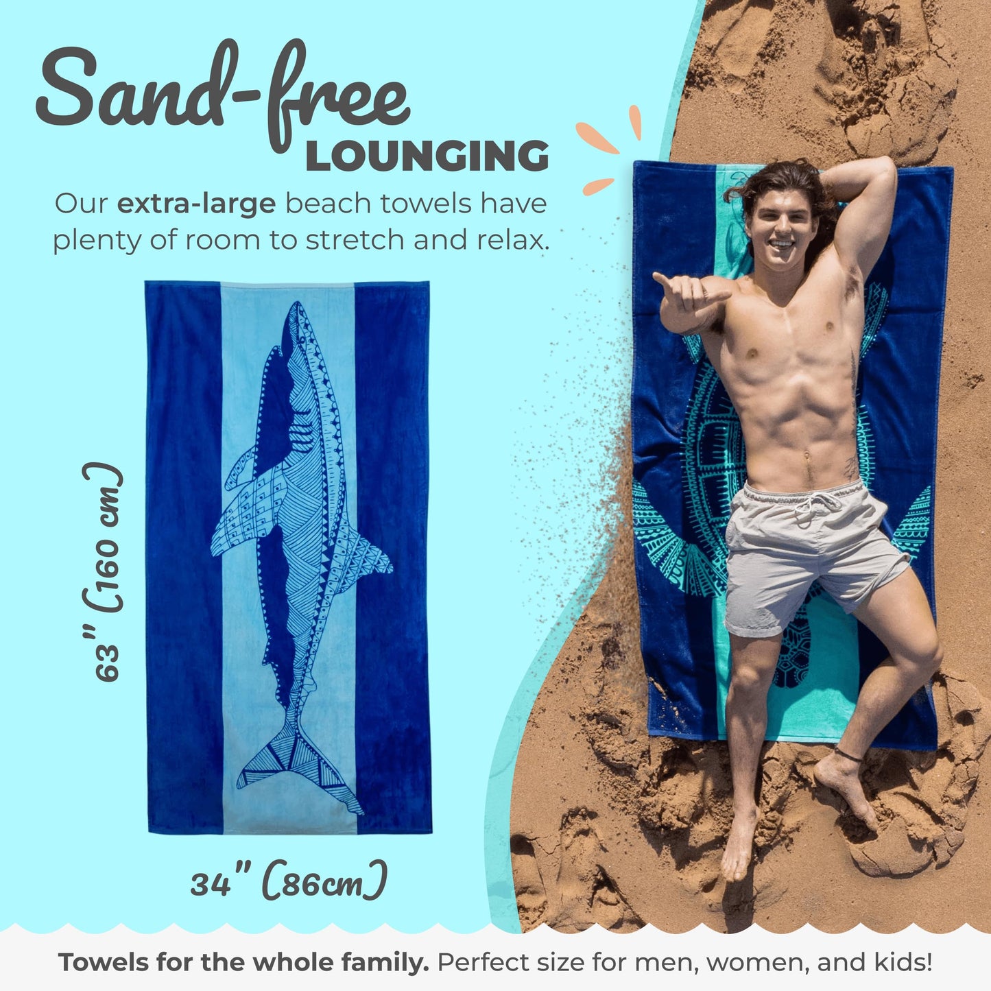 Nova Blue Shark Beach Towel – Blue with A Tropical Design, Extra Large, XL (34”x 63”) Cool Hawaiian, Navy Beach Towel with Light Blue Stripe