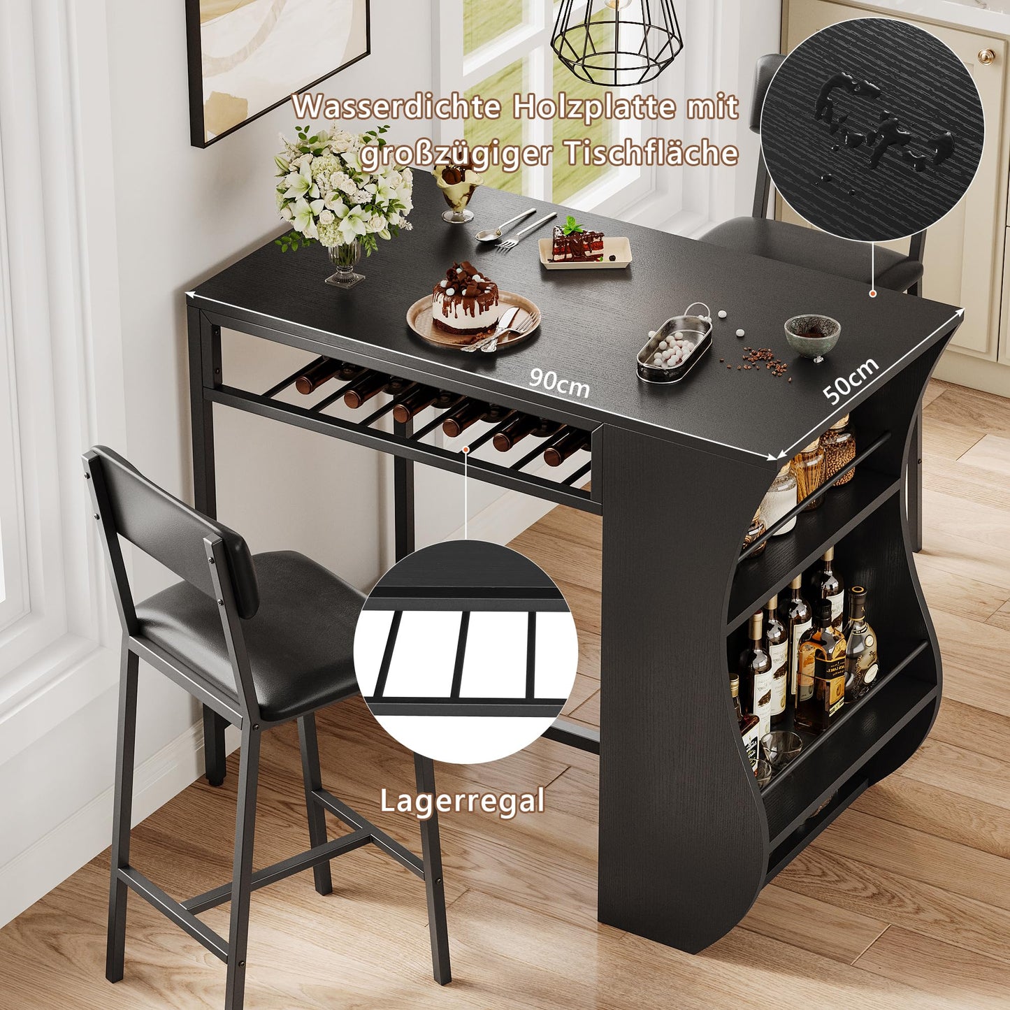 Feonase 3-Piece Bar Table Set, Bar Table with Bar Stools, 2-Tier Storage Shelves & Wine Rack, Bistro Table with 2 Chairs for Dining Room, Black