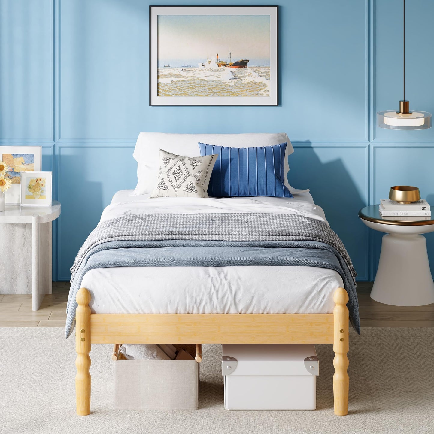Hunlostten Solid Wood Single Bed Frame | Eco-Friendly Bamboo Wood Bed Platform, Slatted Base Breathable wooden Bed