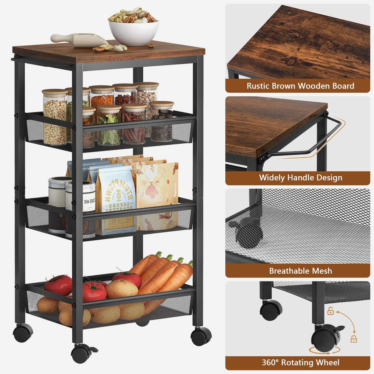 Hoctieon Rolling Storage Cart, 4-Tier Wide Panel Kitchen Storage Cart, Utility Carts with Handle & Wheels, Mobile Shelving Unit