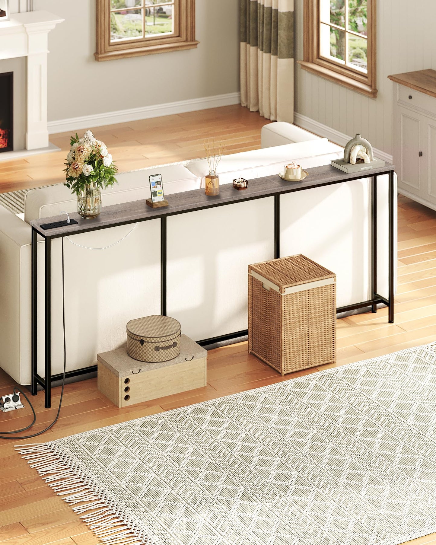 CHOEZON 200 cm Narrow Console Table with Power Outlet, 18 cm Skinny Sofa Table, Long Behind Couch Table with Charging Station