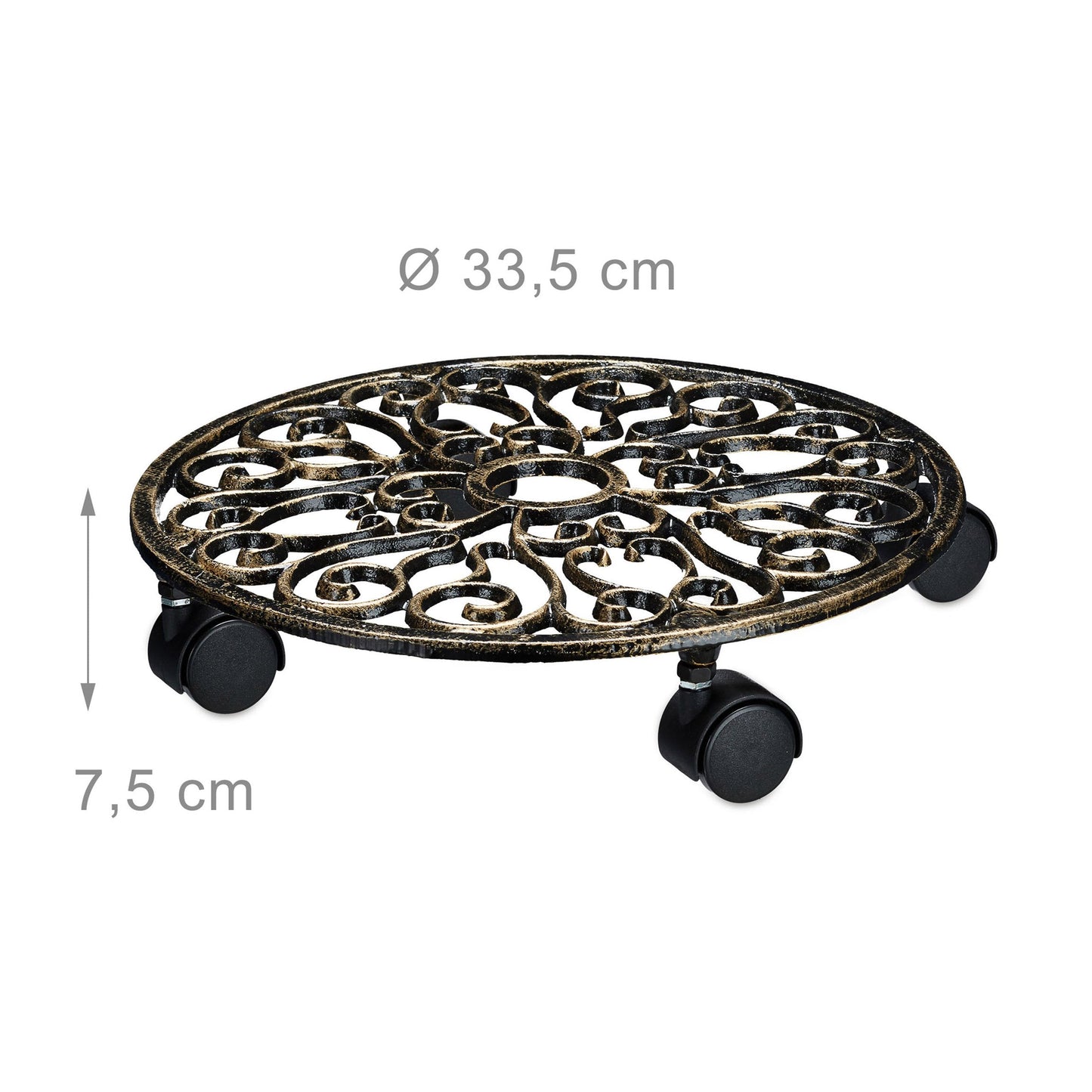 Relaxdays Plant Caddy Cast Iron Round 33.5 Diameter Plant Pot Trolley Metal Mover with Wheels, Metal Plant Dolly in Art Nouveau Style w/ 4 Wheels,