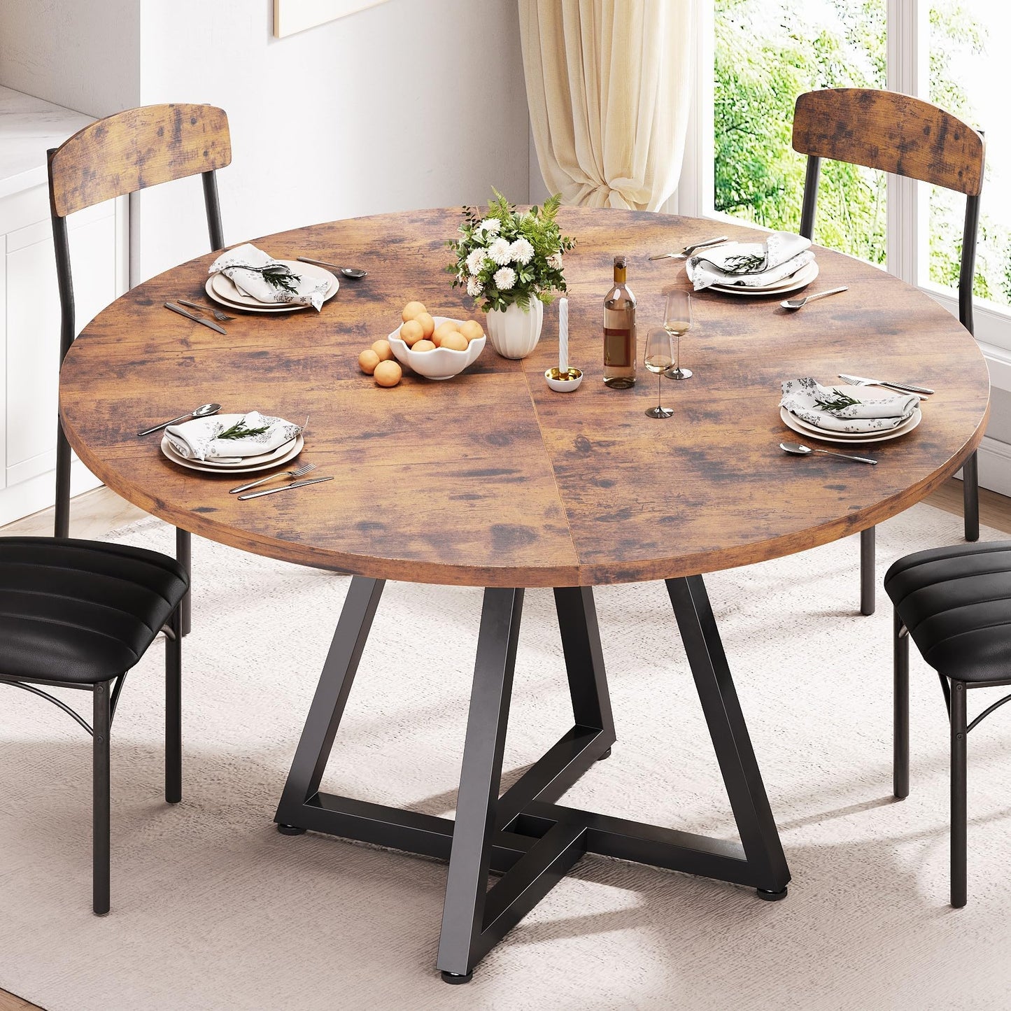 Jocoevol Round Kitchen Dining Table for 2-4 People, Circle Dinner Table with Metal Frame, Space Saving Wood Industrial Furniture (Vintage, 42 inch