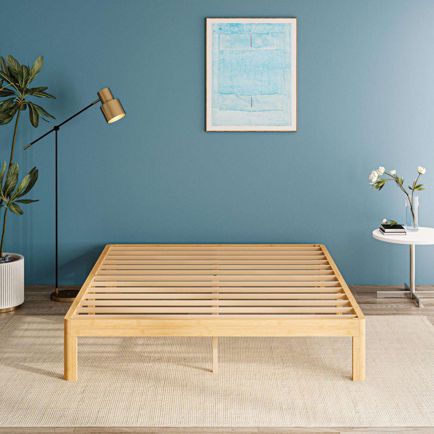 QFtime Bamboo Wood King Size Bed Frame with Metal Slats Support, Platform King Bed Frame, Easy to Install, Noise Free, Sturdy, 30.5 cm High