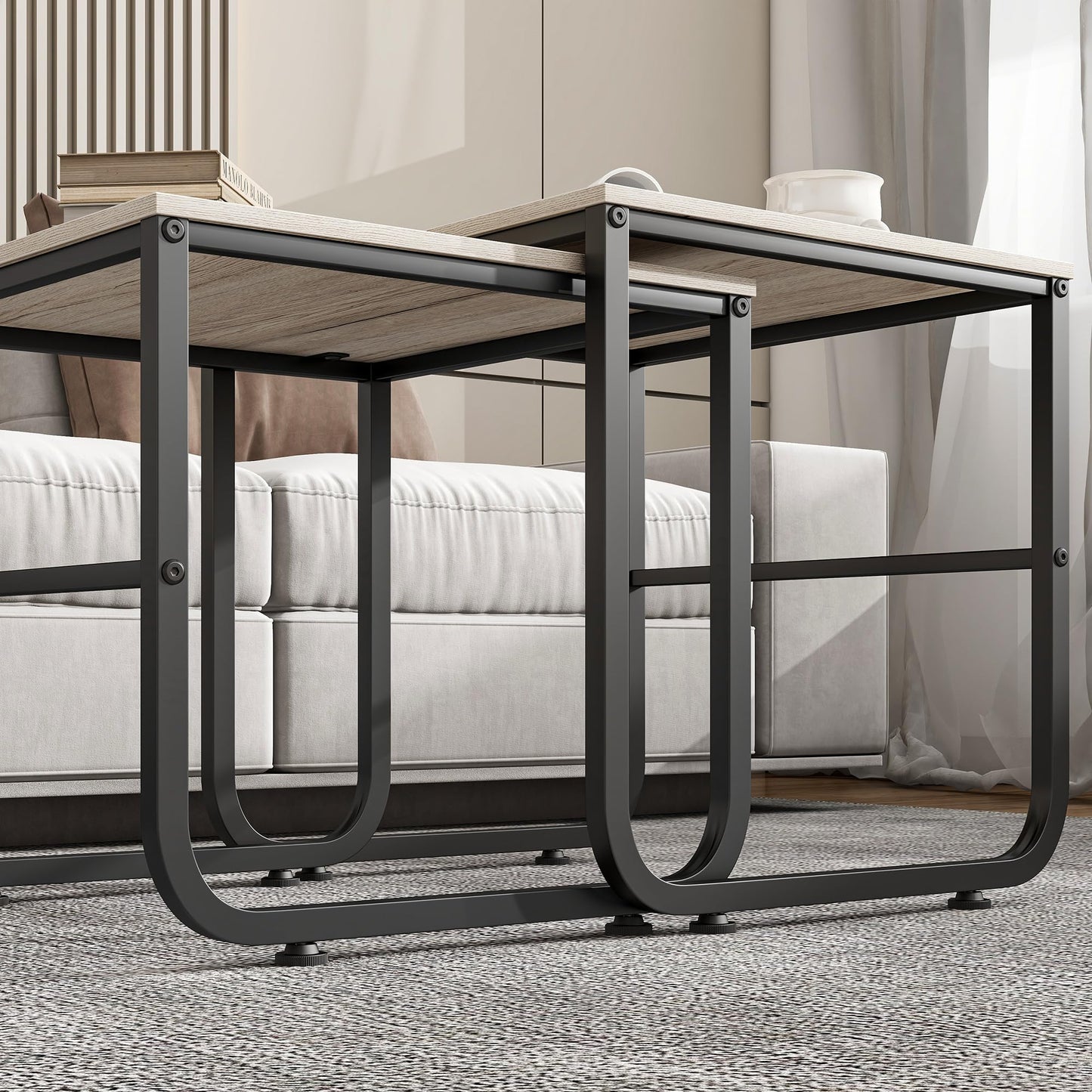 FOUBAM End Tables Set of 2 for Living Room,Small Coffee Table,Nesting Tables Couch Sofa Side Tables Metal Frame/Wood Look for Bedroom Office,Sturdy