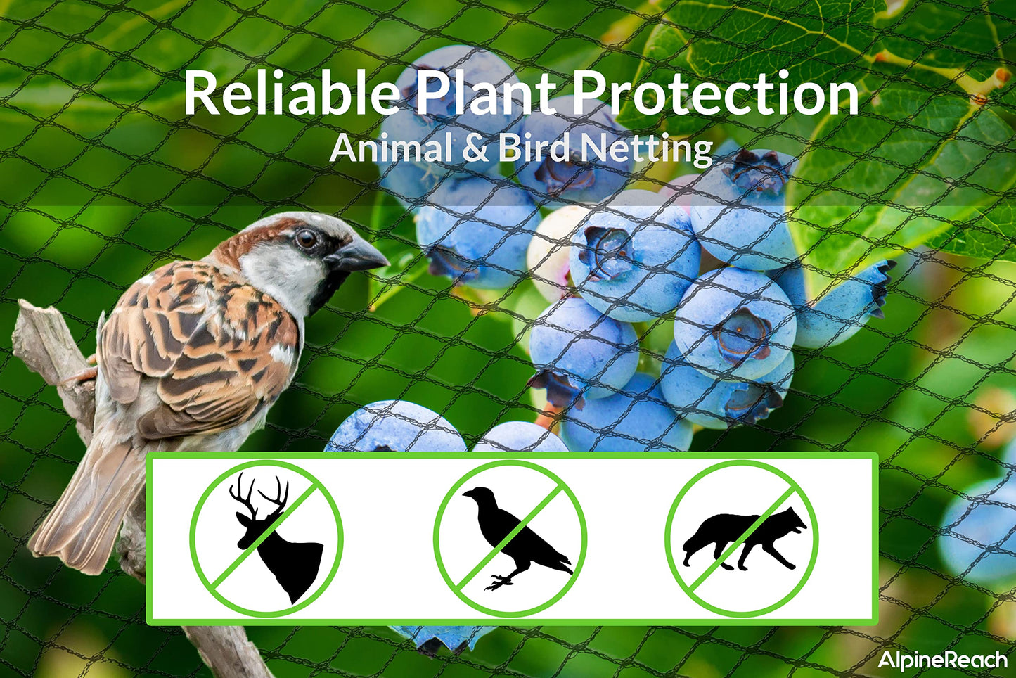 AlpineReach Garden Netting 4.5m x 15m Extra Strong Woven Mesh Bird Netting Heavy Duty Kit - Protect Plants & Fruit Trees Against Animals & Deer