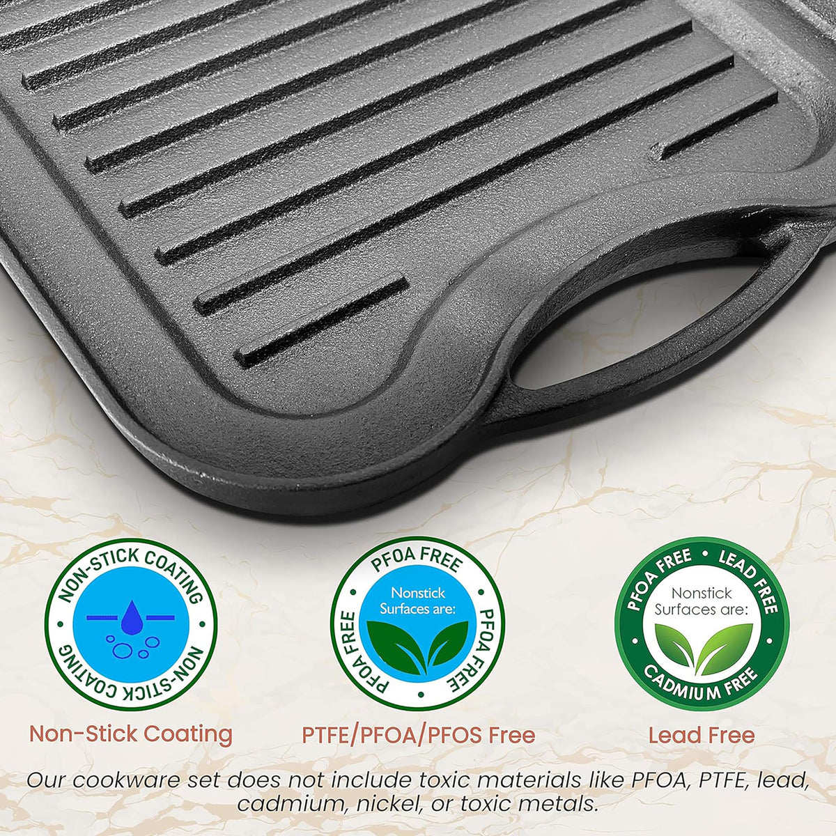 Nutrichef Reversible Cast Iron Griddle Pan  50.7cm x 25.7cm, Non-Stick Flat & Ridged Grill Plate for Hob, Oven & BBQ, Induction & Gas Safe,