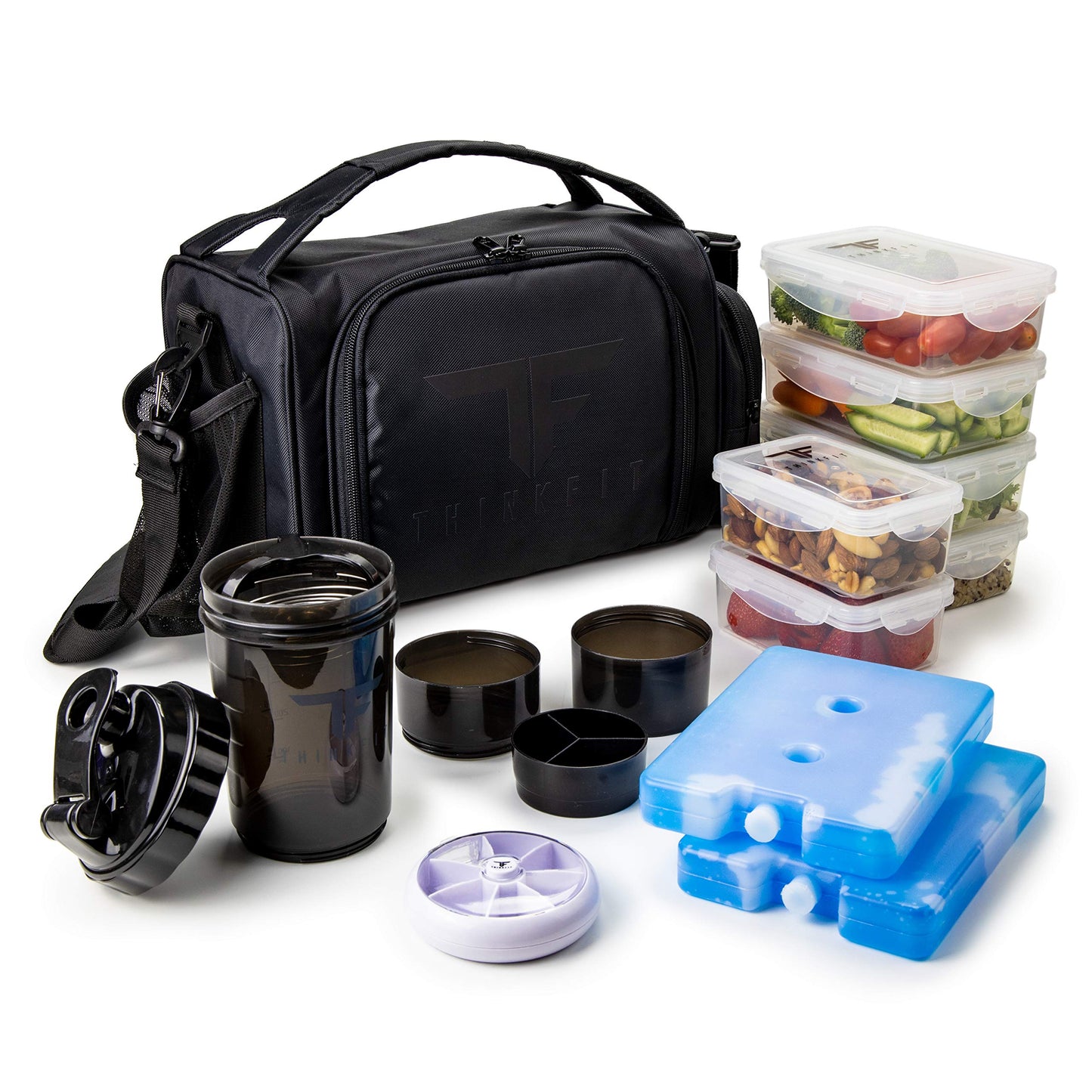 ThinkFit Insulated Meal Prep Lunch Box with 6 BPA-Free, Reusable, Microwavable, Freezer Safe Food Portion-Control Containers, Shaker Cup, Pill