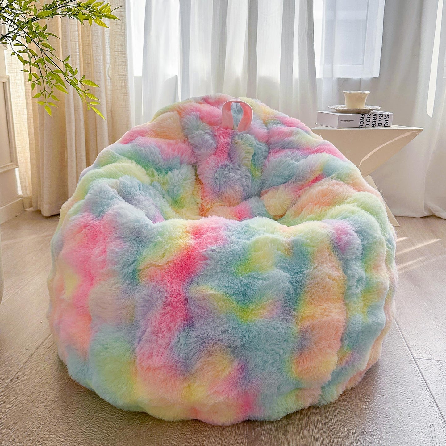 LIFEREVO 3FT Fluffy Faux Rabbit Fur Bean Bag Cover, No Filler, Rainbow