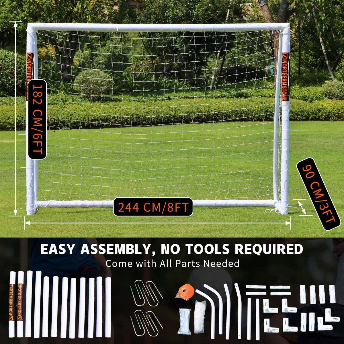NORTHERN STONE Ultimate All Weather uPVC Football Goal 8ft x 6ft Garden Portable Football Goals 70mm Thick PVC Goal Posts + Football Net Integrated