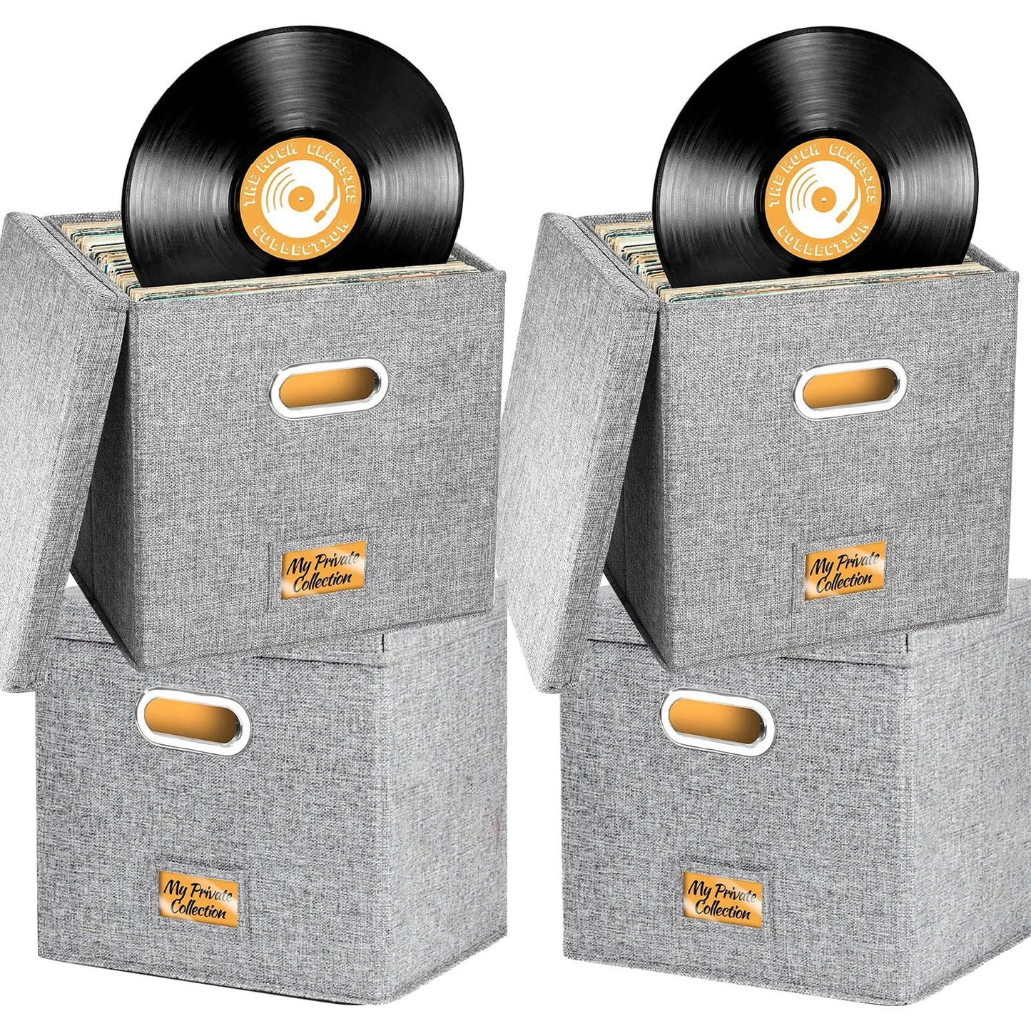 4 PCS 12-inch Vinyl Record Storage Box,Folding LP Case with Lid & Handle