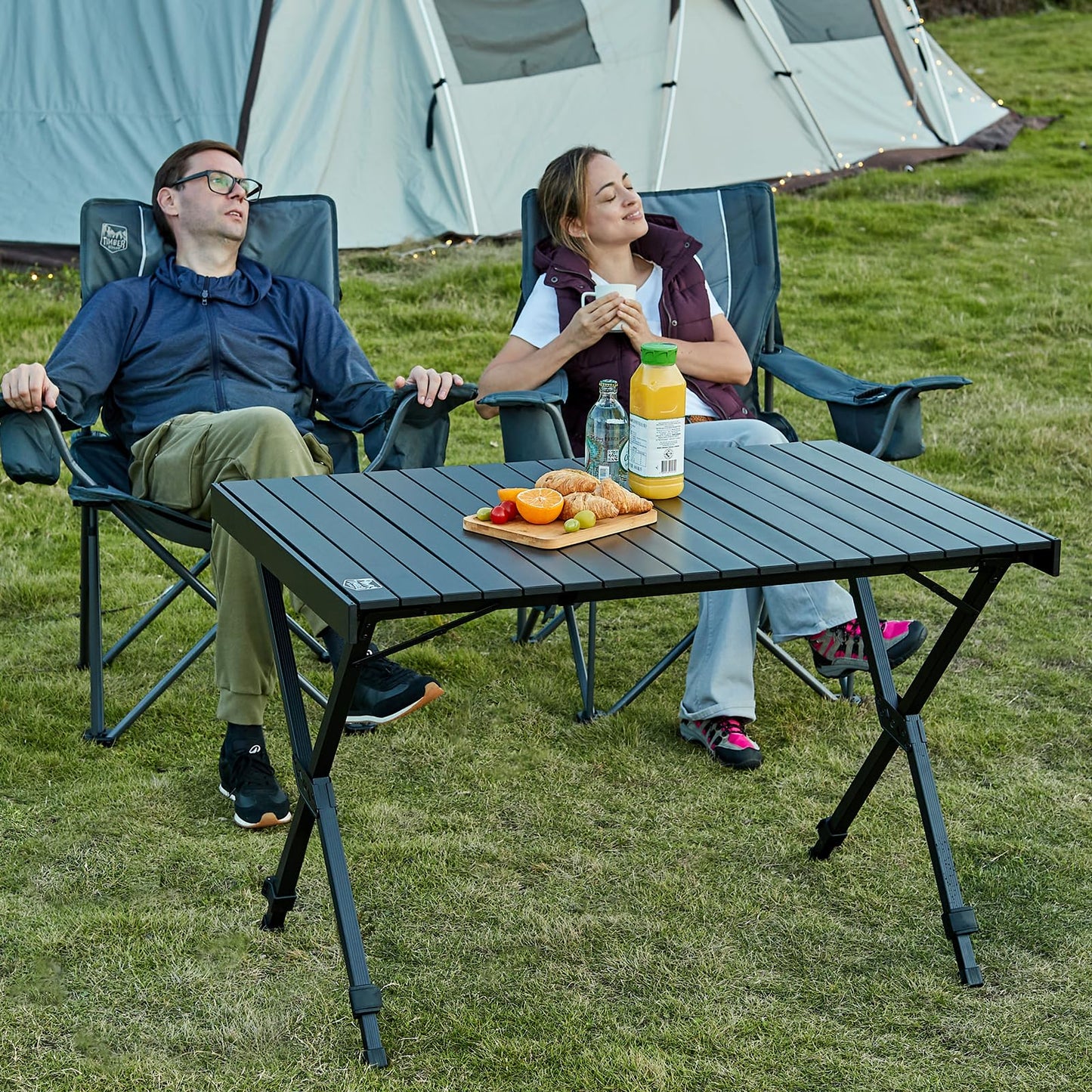 TIMBER RIDGE Folding Camping Table Fold up Aluminum Foldable Portable, 108x71cm Roll up Picnic Table Support 100kg 4ft Height Adjustable 4-6 Person