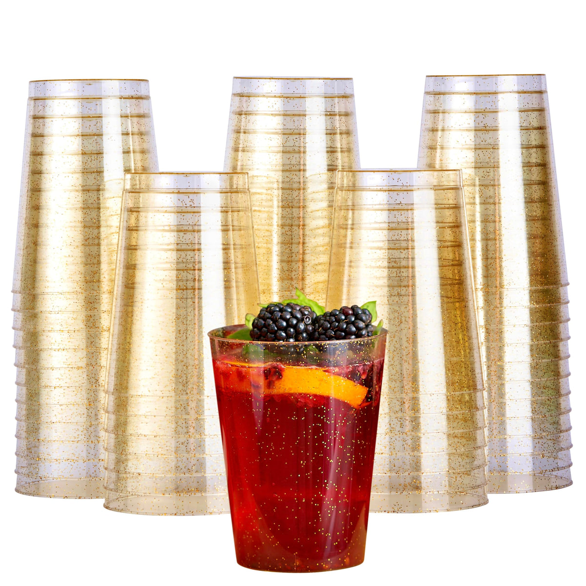 MATANA 50 Premium Clear Hard Plastic Cups with Gold Glitter, Gold Party Cups (280ml / 10oz) - Reusable Glasses, Tumblers for Drinks, Cocktail,