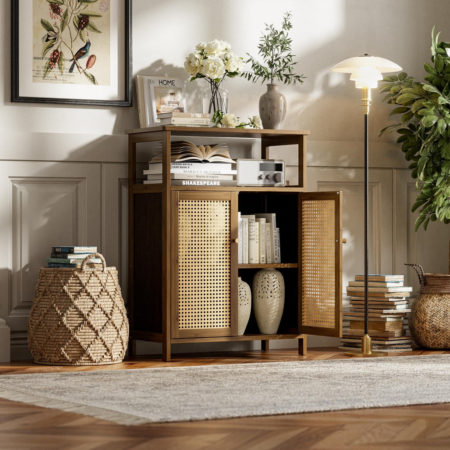 vovala Bathroom Floor Stand Cabinet, Bamboo Storage Organizer Table with 2 Rattan Doors and 1 Shelf, Wooden Side Cupboard for Hallway, Laundry