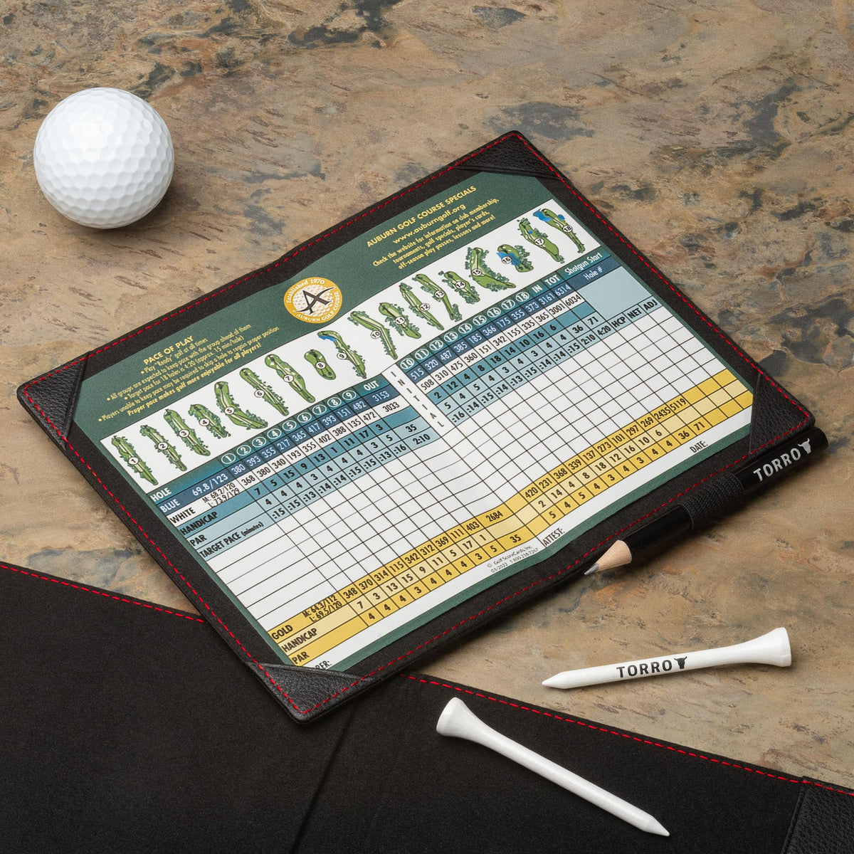 TORRO Golf Scorecard and Yardage Book Holder ? Genuine Leather Golf Score Card and Yardage Wallet with Pencil Loop (Black with Red Detail)