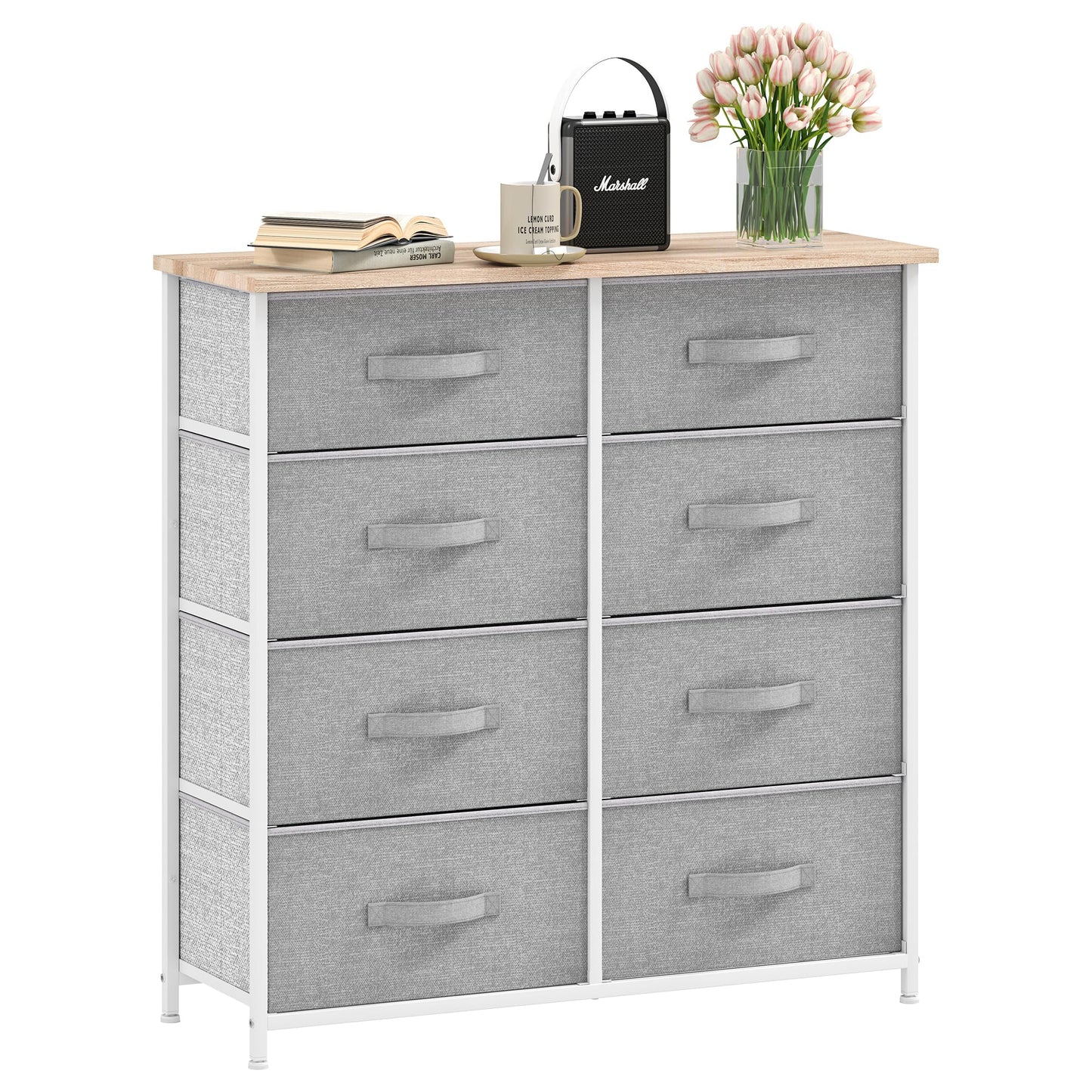 DWVO Chest of Drawers,Fabric Chest of Drawers Bedroom Cabinet with 8 Drawers,Dresser for Bedroom,Living Room With Handles,Wood Top and Sturdy Steel