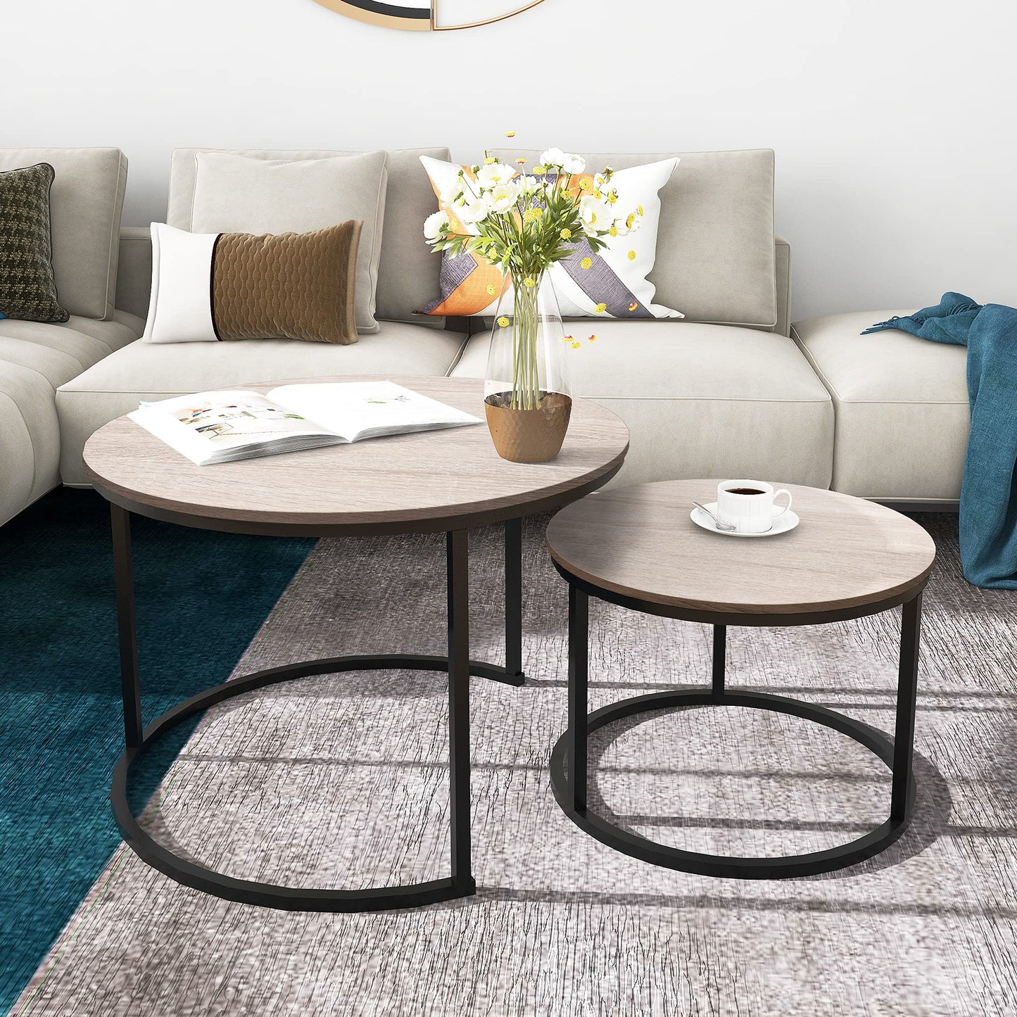 Round Nesting Coffee Table Modern Nesting Side Set of 2 End Table for Living Room Balcony Garden