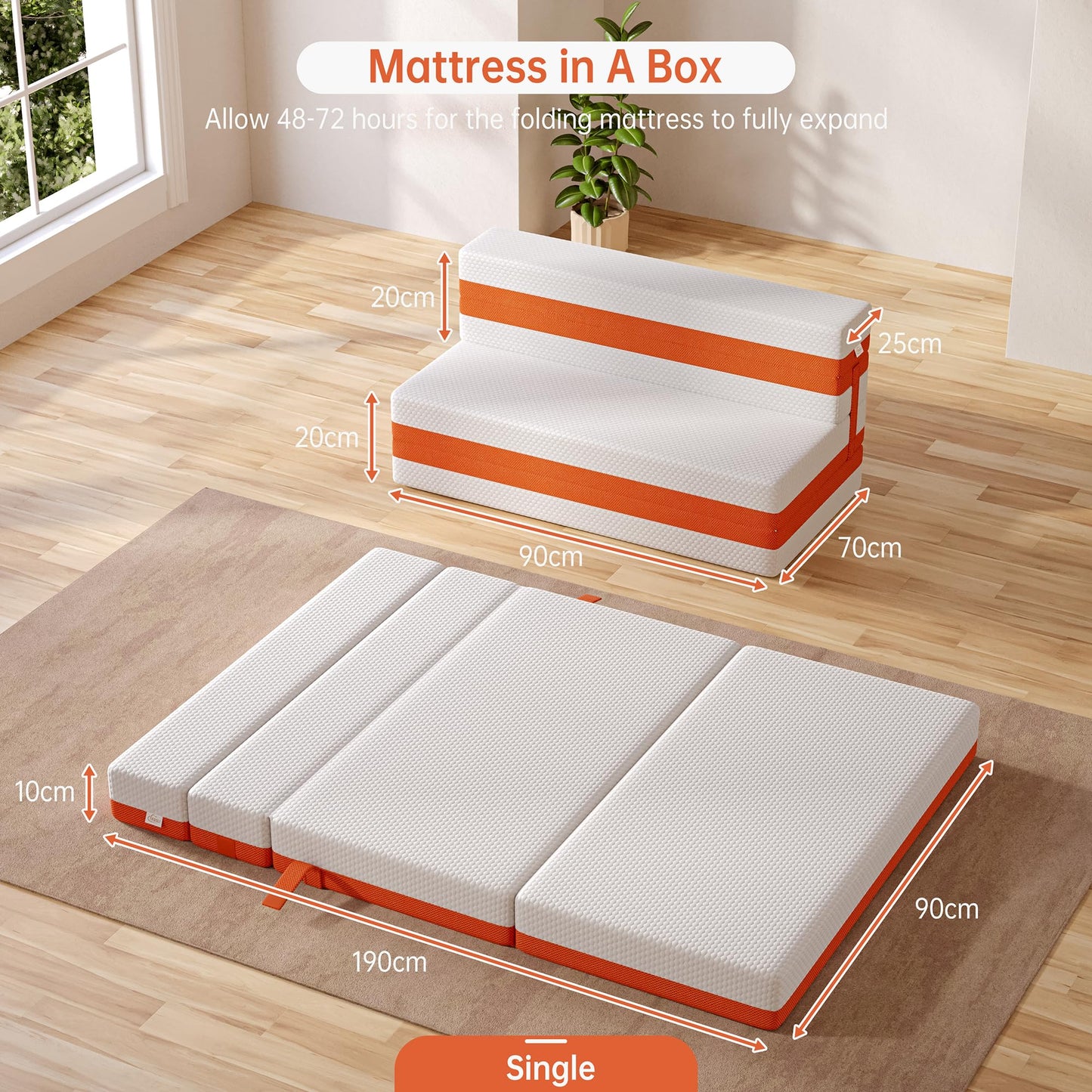 TeQsli Folding Mattress, 10cm Single Foldable Mattress, Memory Foam with Removable Washable Cover, for Guest Sofa Bed, Camping, Travel (90x190x10cm)