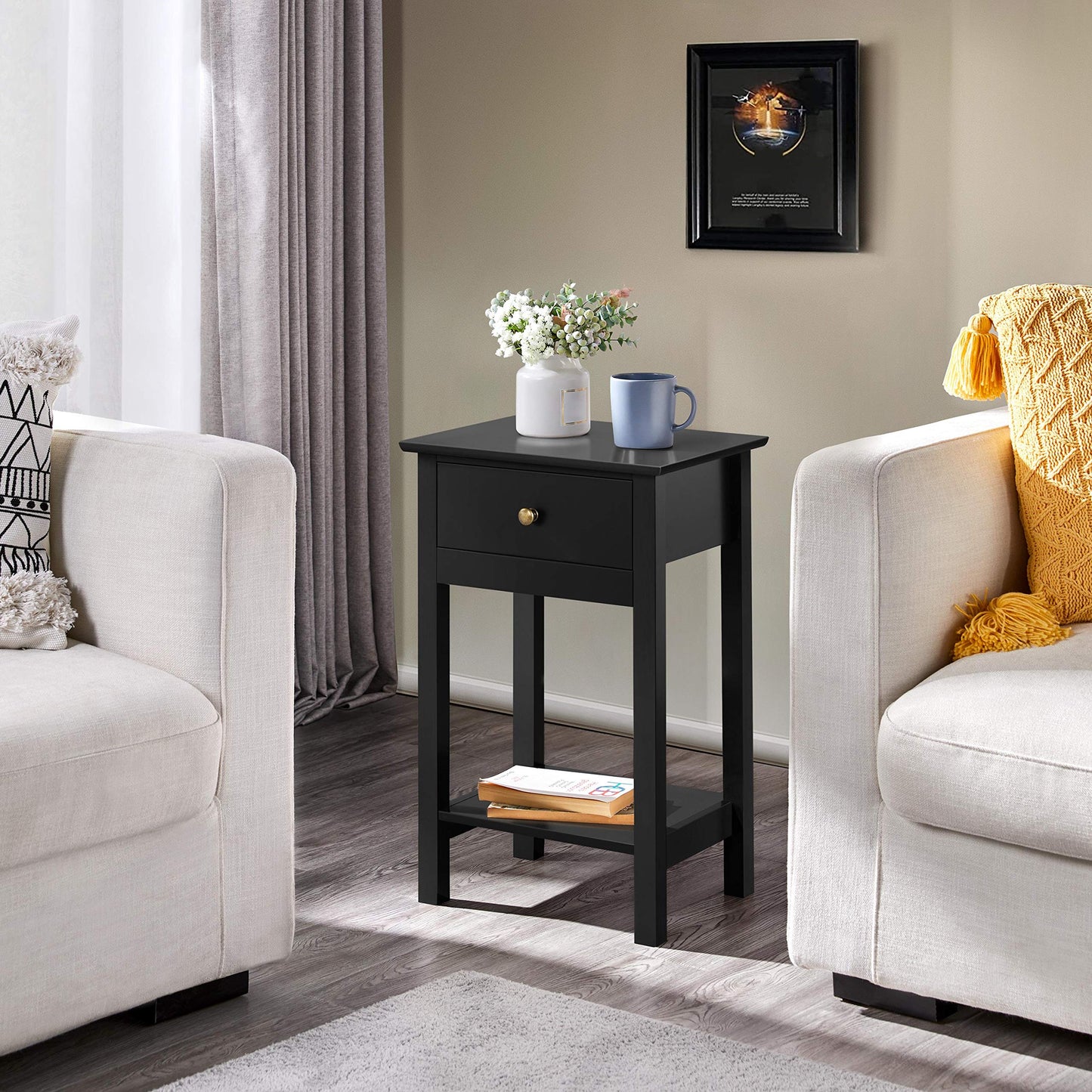 Yaheetech Bedside Table with Drawer and Open Shelf, Black