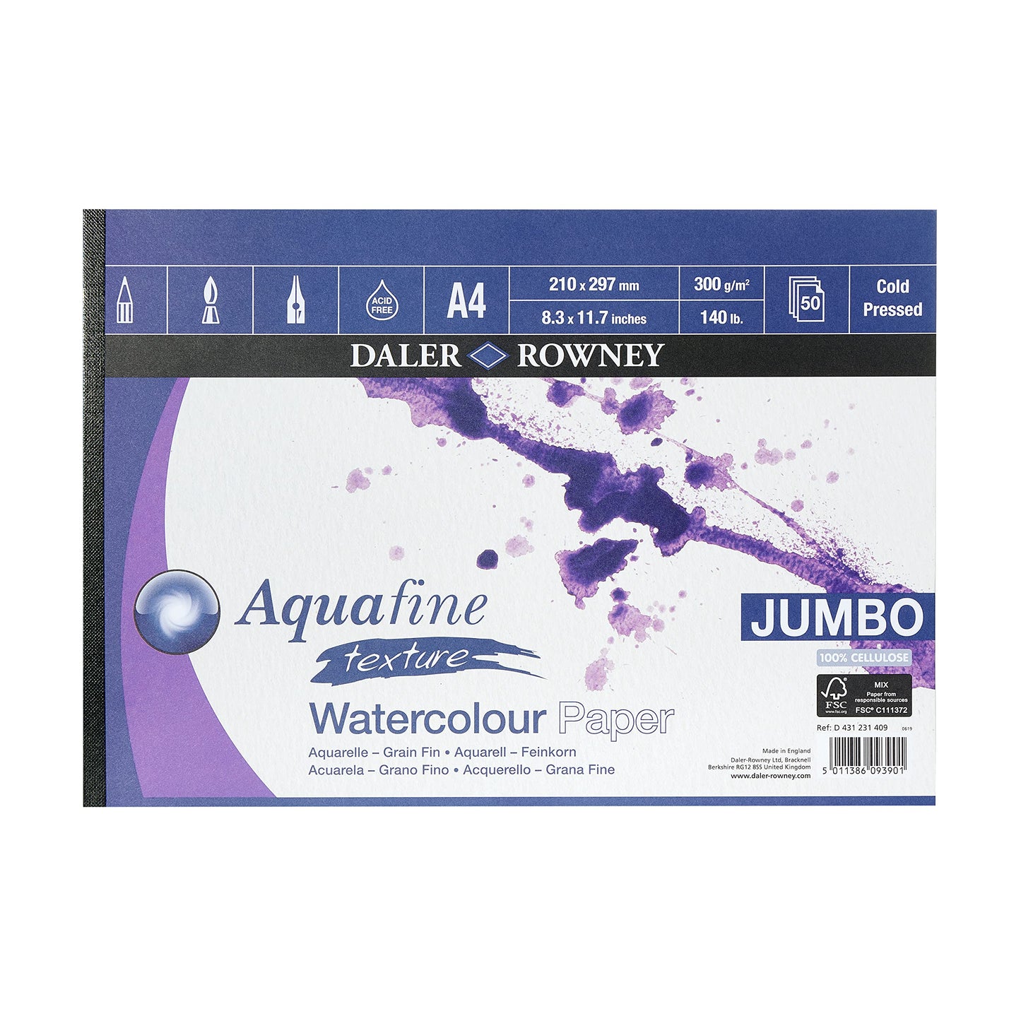Daler-Rowney Aquafine Textured Cold-Pressed Watercolour & Gouache 300gsm A4 Paper Pad, Natural White, Glued 1 Side, 50 Sheets, For Professional &