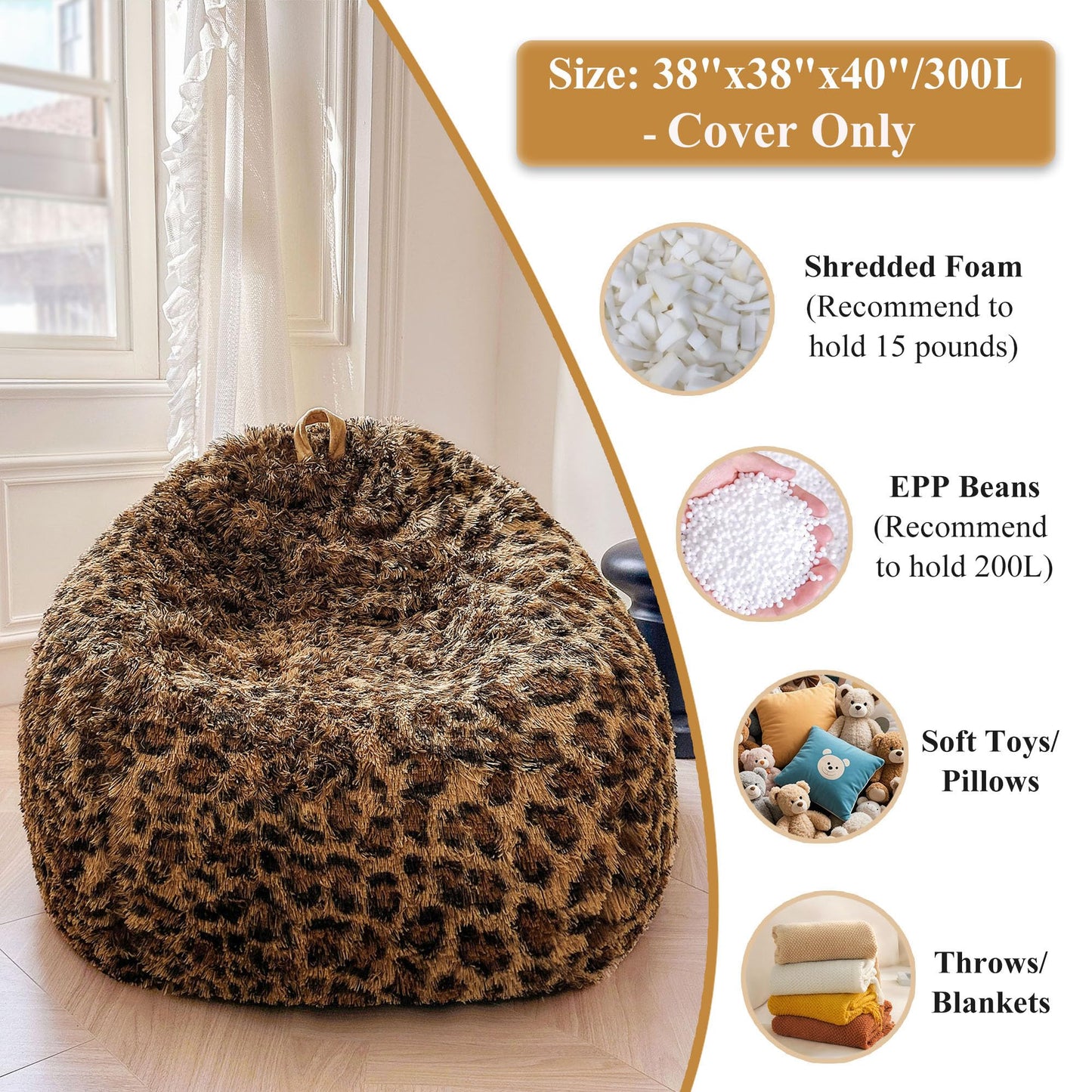 XeGe Faux Fur Leopard Print Bean Bag Chair Cover(No Filler), Cheetah Brown