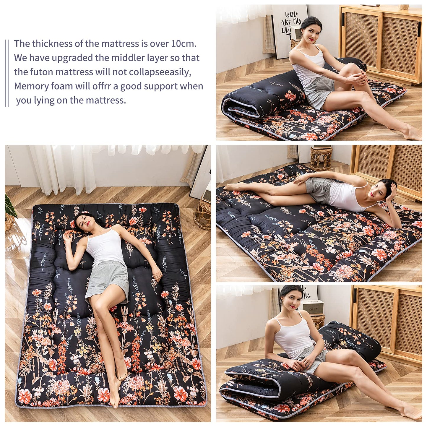 MAXYOYO Japanese Floor Futon Mattress, Thicken Tatami Mat Sleeping Pad Foldable Roll Up Mattress Dormitory Mattress Pad Floor Lounger Pillow Bed