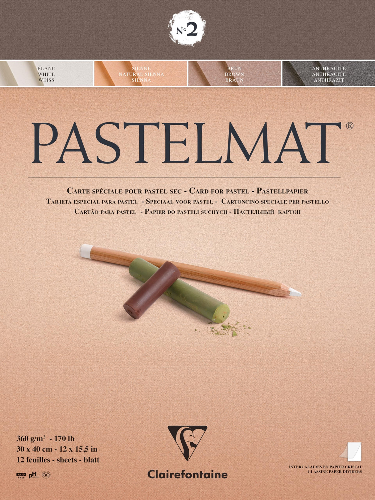 Clairefontaine - Ref 96008C - Pastelmat Pastel Card Pad No.2 (12 Sheets) - 360gsm Card - 30 x 40cm - Assorted Colours - Specially Formulated For Use