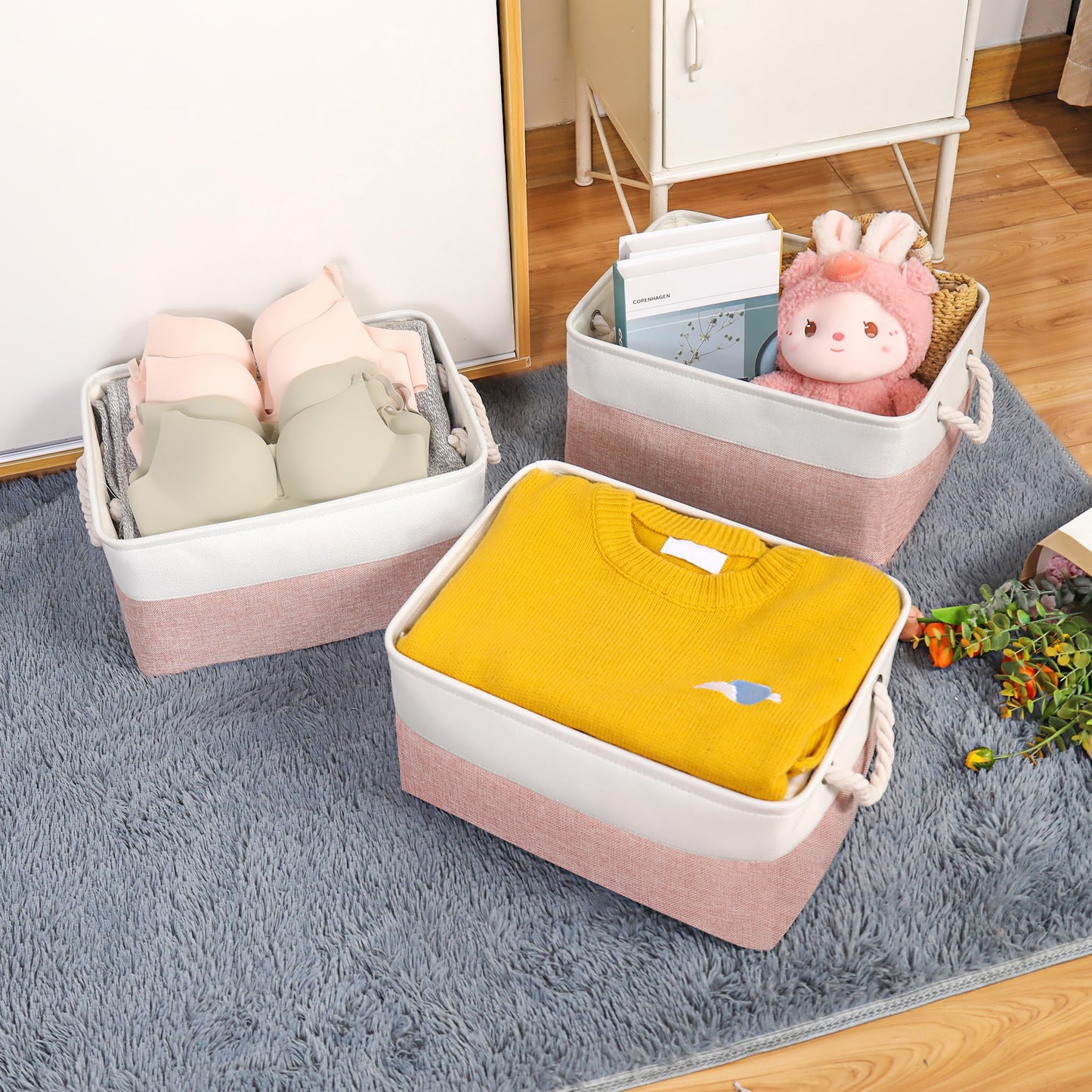 JUNLAI 3 Pcs Storage Baskets with Handles, Foldable Small Storage Boxes, Fabric Wardrobe Storage Basket for Office & Home, Book, Clothes