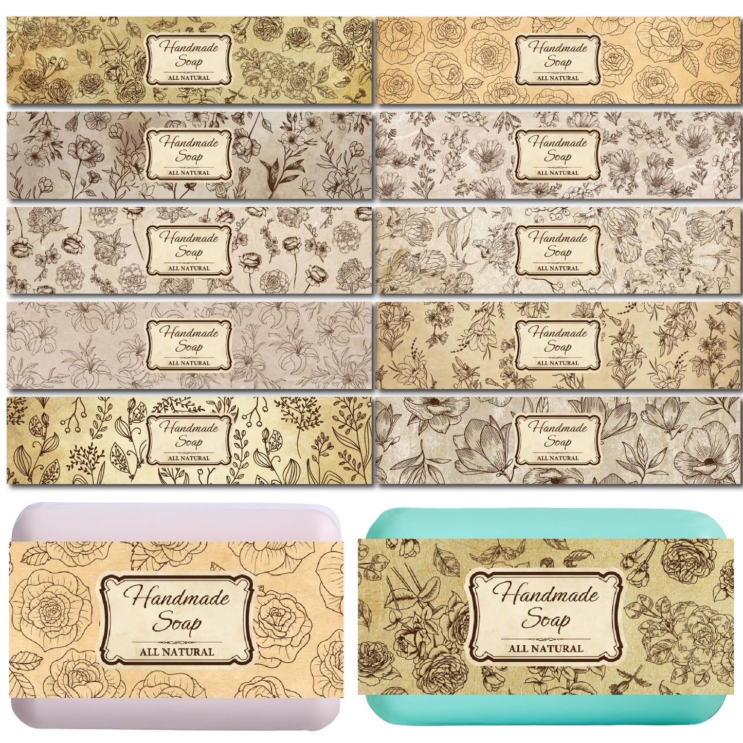 CREATCABIN 100 Pcs Soap Wrapper 10 Styles Vintage Flower Art Soap Paper Wrap Tape Vertical Soap Tag Sleeves Covers Band Label Packaging Supplies for